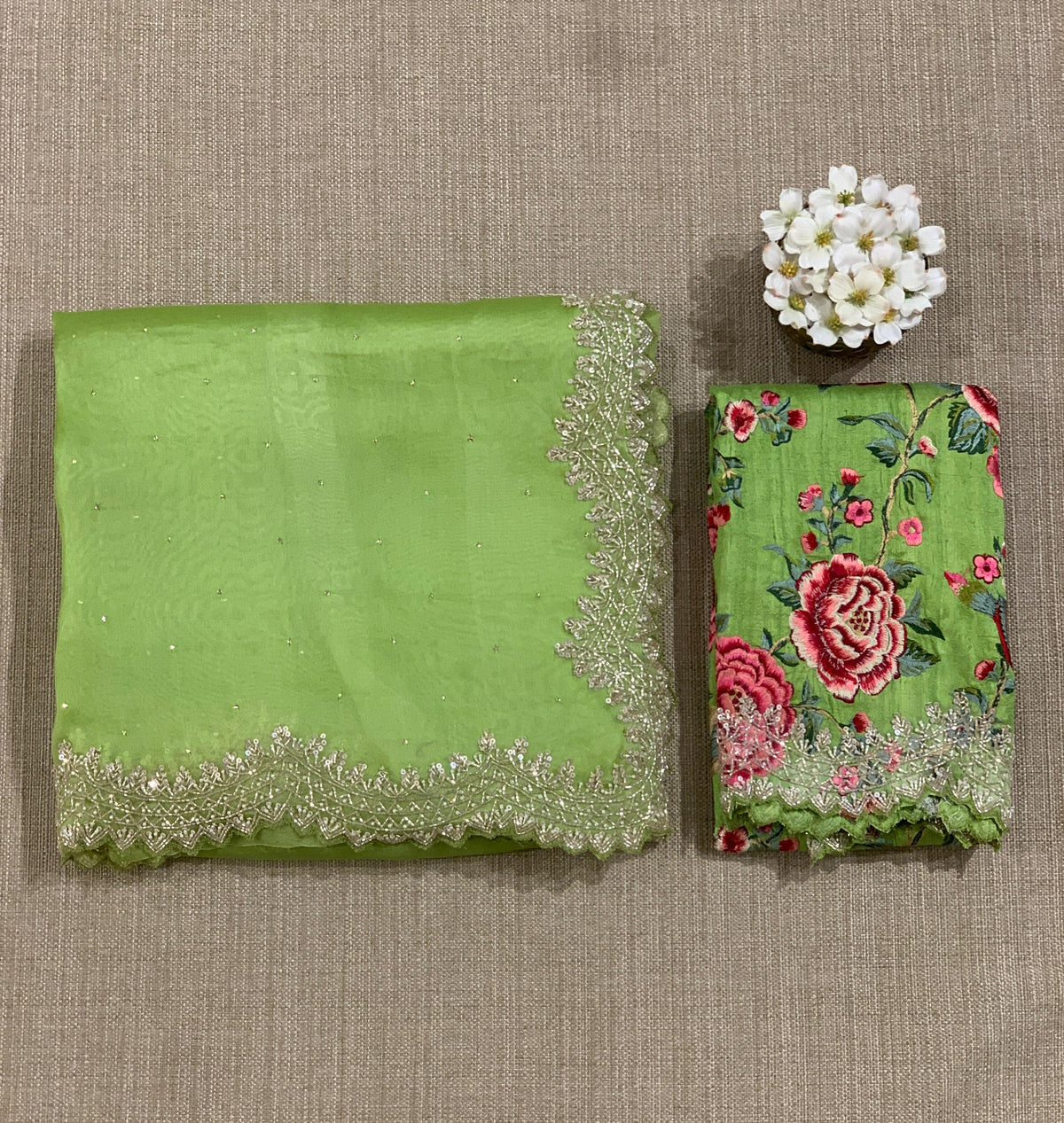 Apple Green Pure Organza Handwork Saree with heavy Designer Blouse