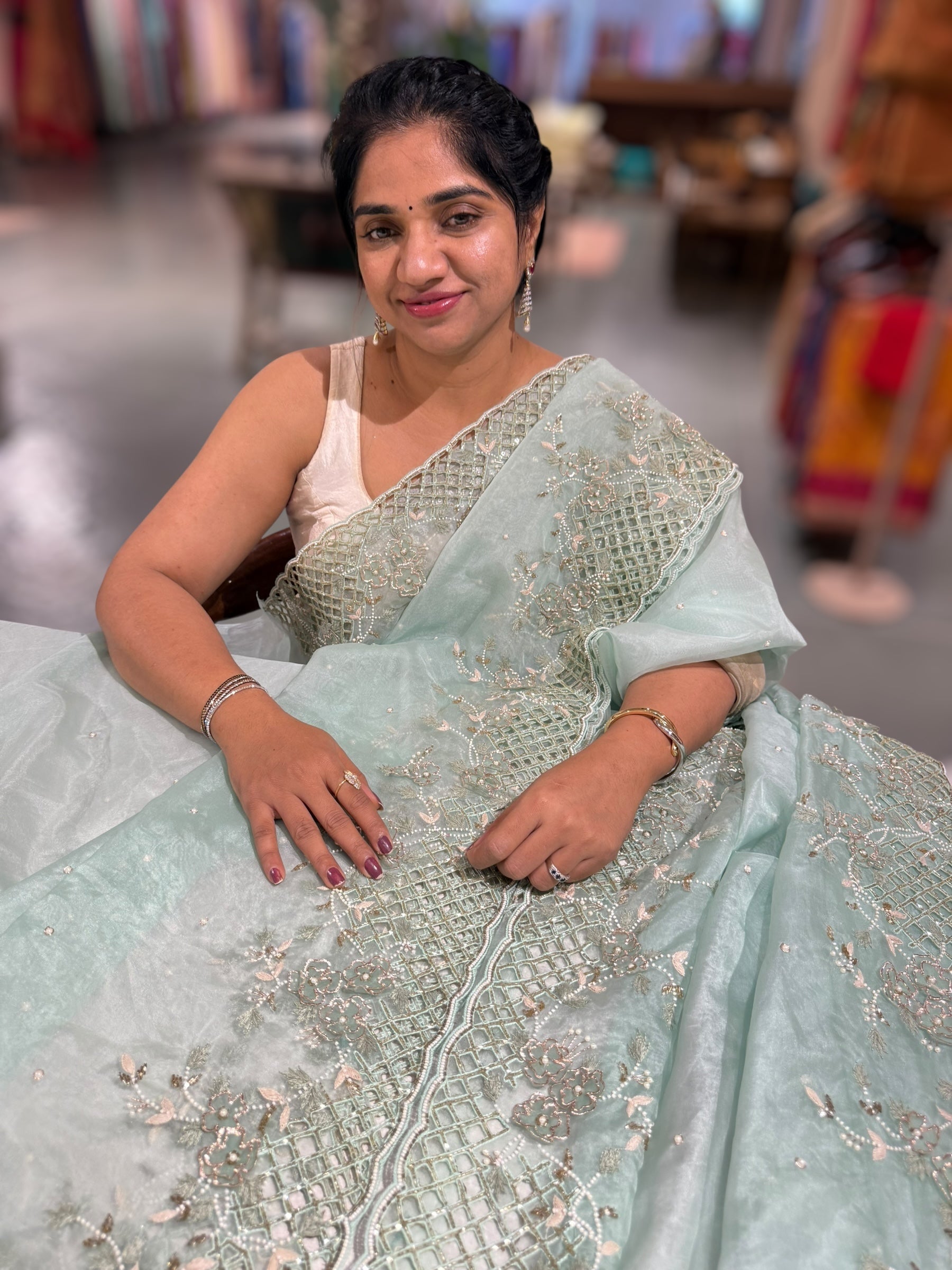 Mint Organza handwork saree with heavy cutwork handwork border ready to wear blouse