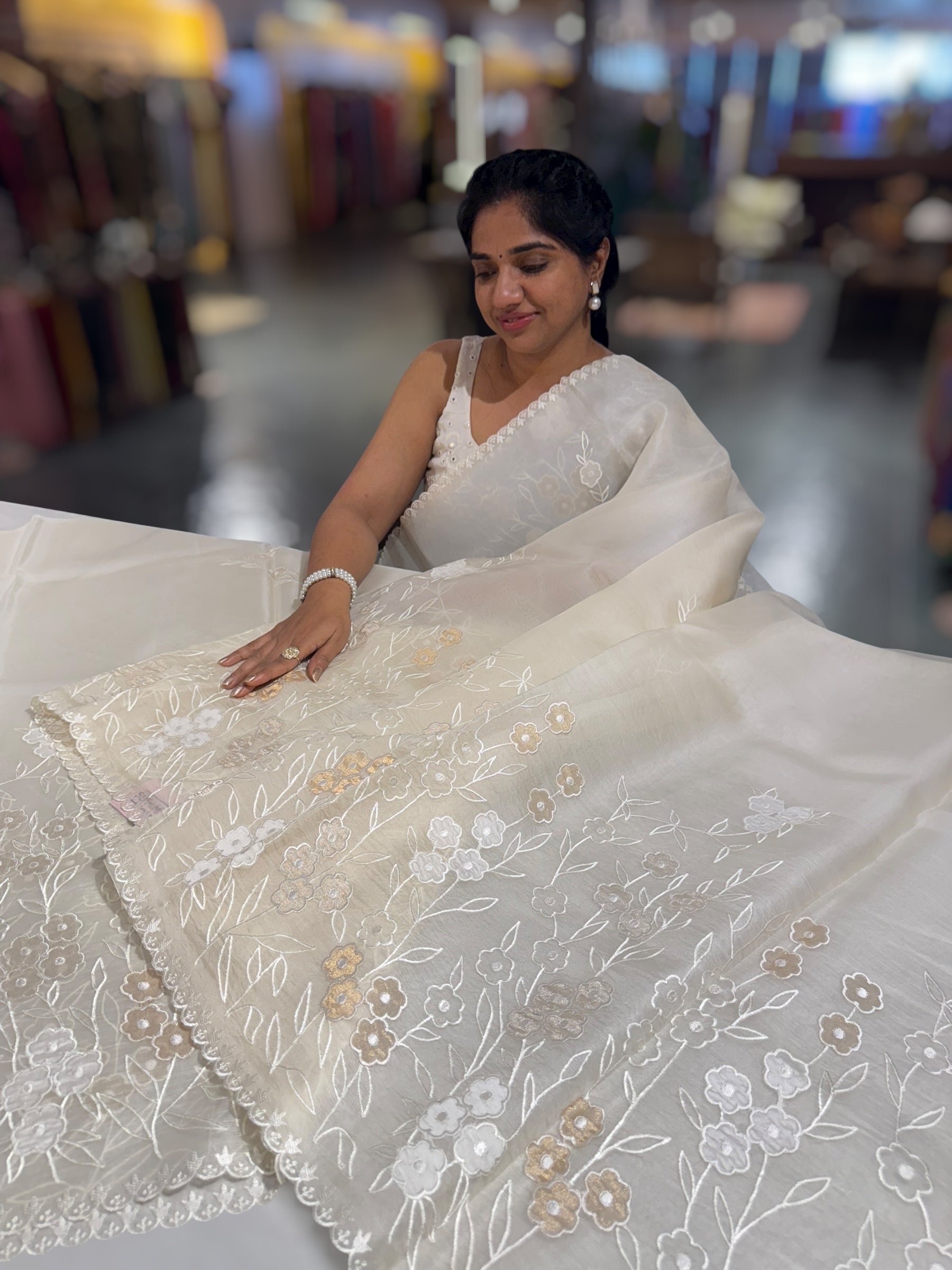 Ivory Organza Saree With Tissue Applique Work