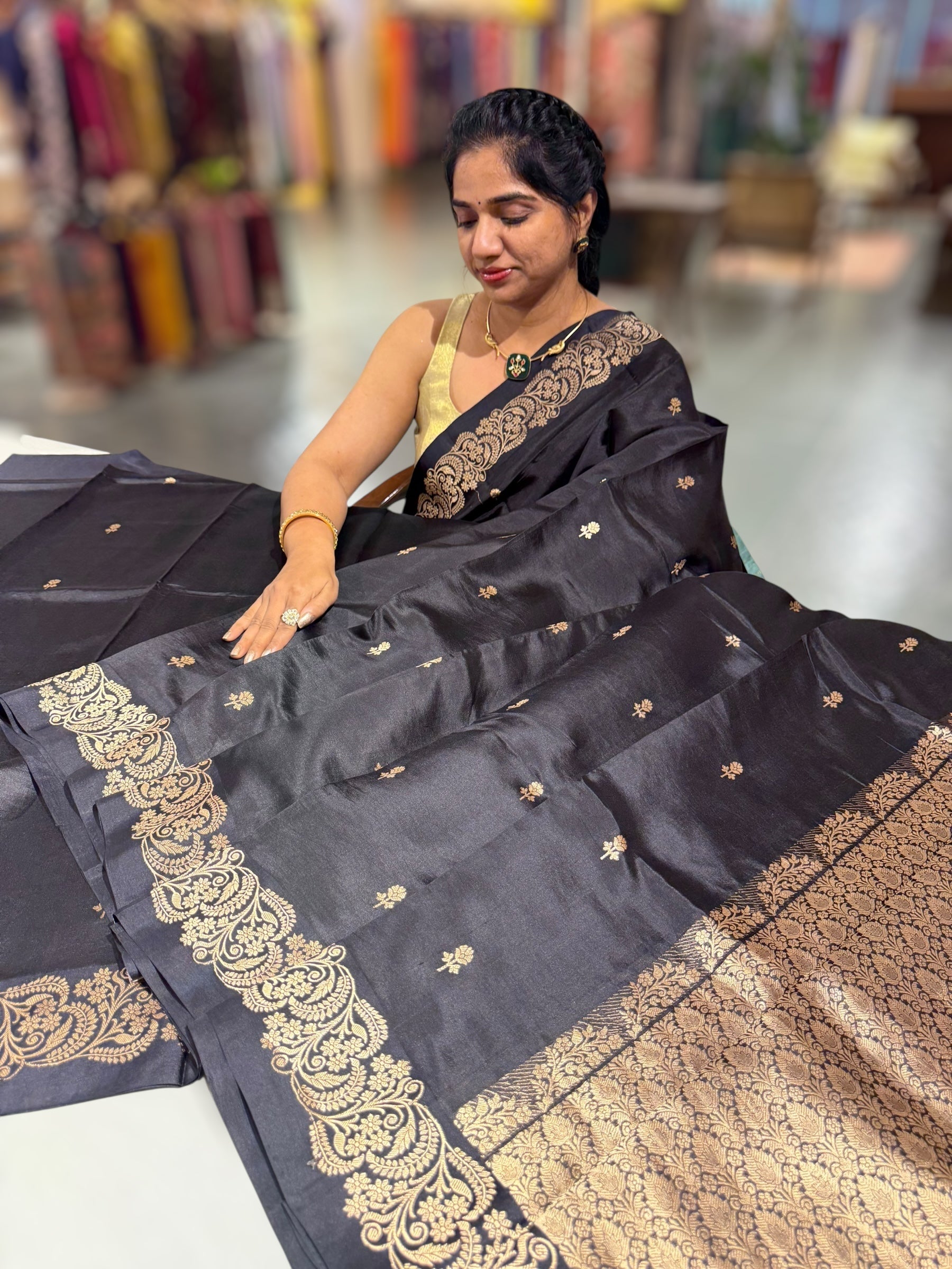 Black Raw Mangoe Silk Saree with Mashru Open Borders