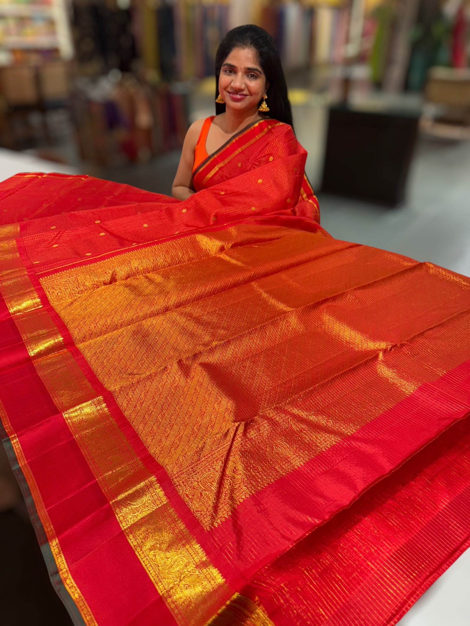Orangish Red Vaira Oosi Checks Vintage Kanjeevaram Saree