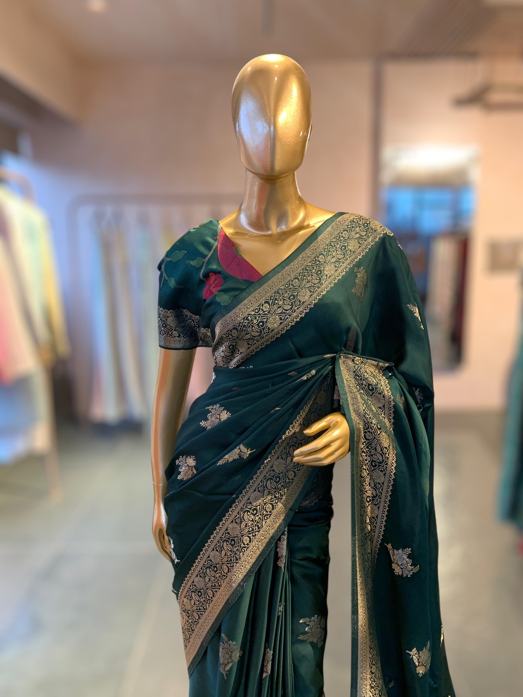 Forest Green Mashru Silk Saree with Paithani inspired embroidered blouse