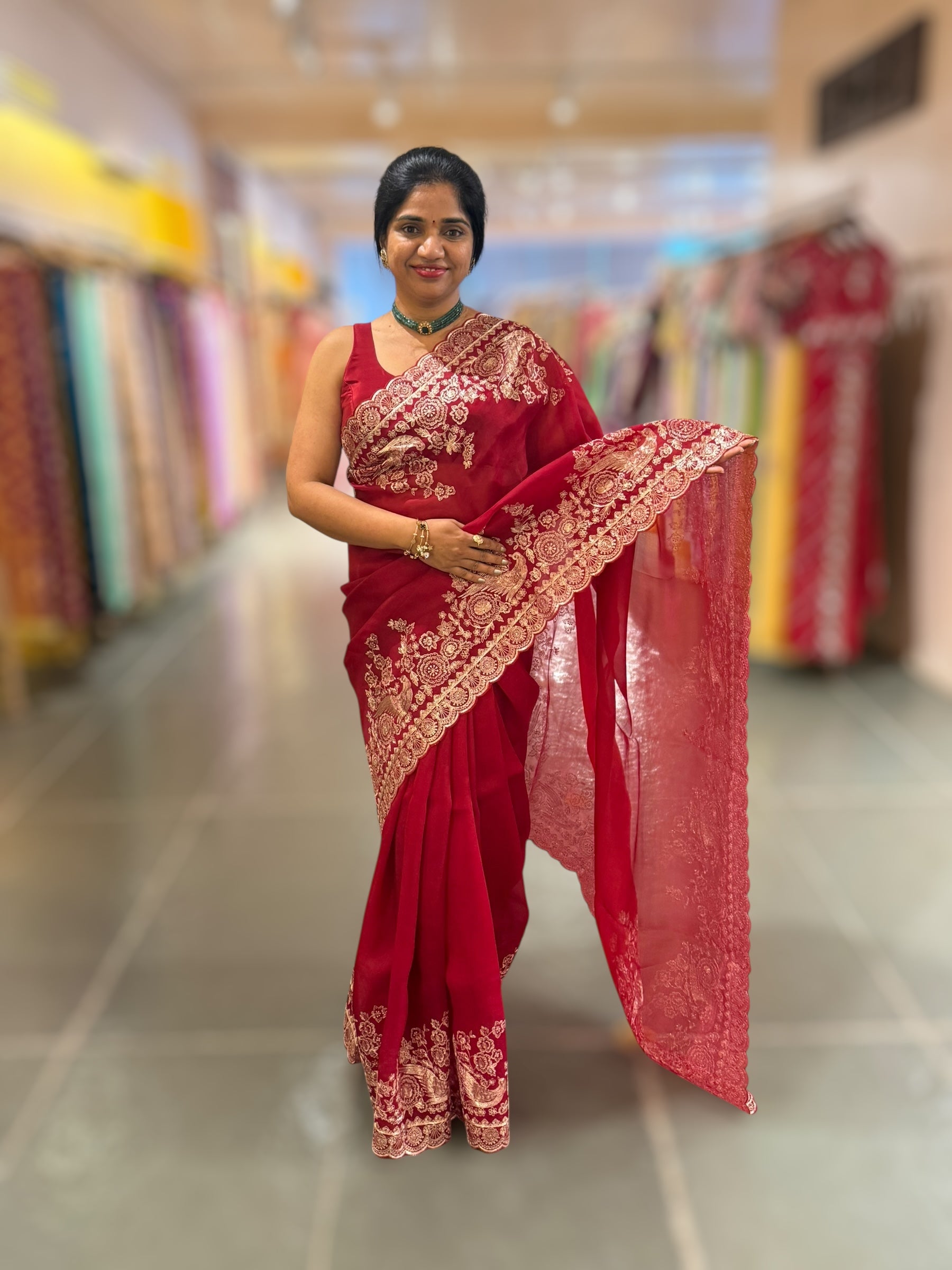 Meroonish Red  Pure organza Saree with pita emb