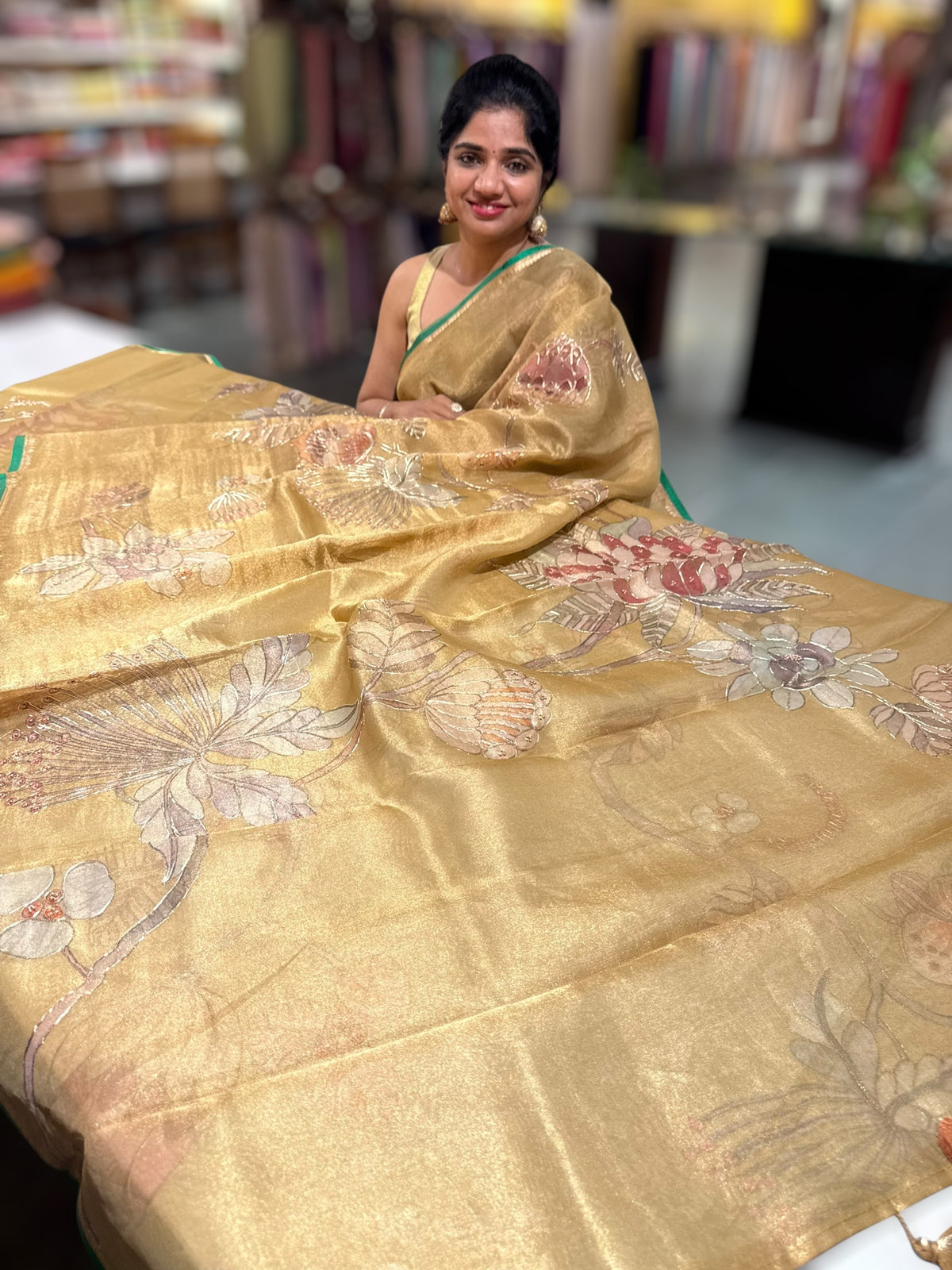 Gold Printed Banarasi Tissue with Handwork