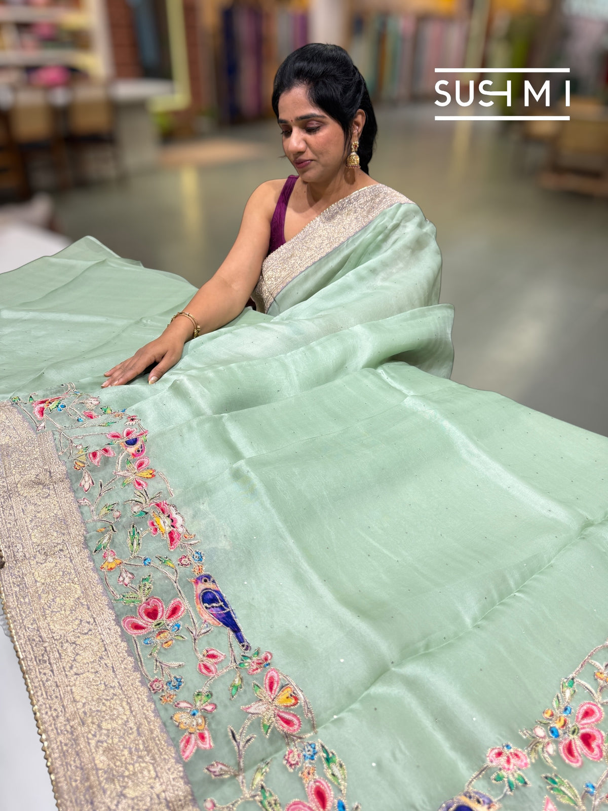 Mint Organza Banarasi Fusion Saree with Bird Appliqué : SM021