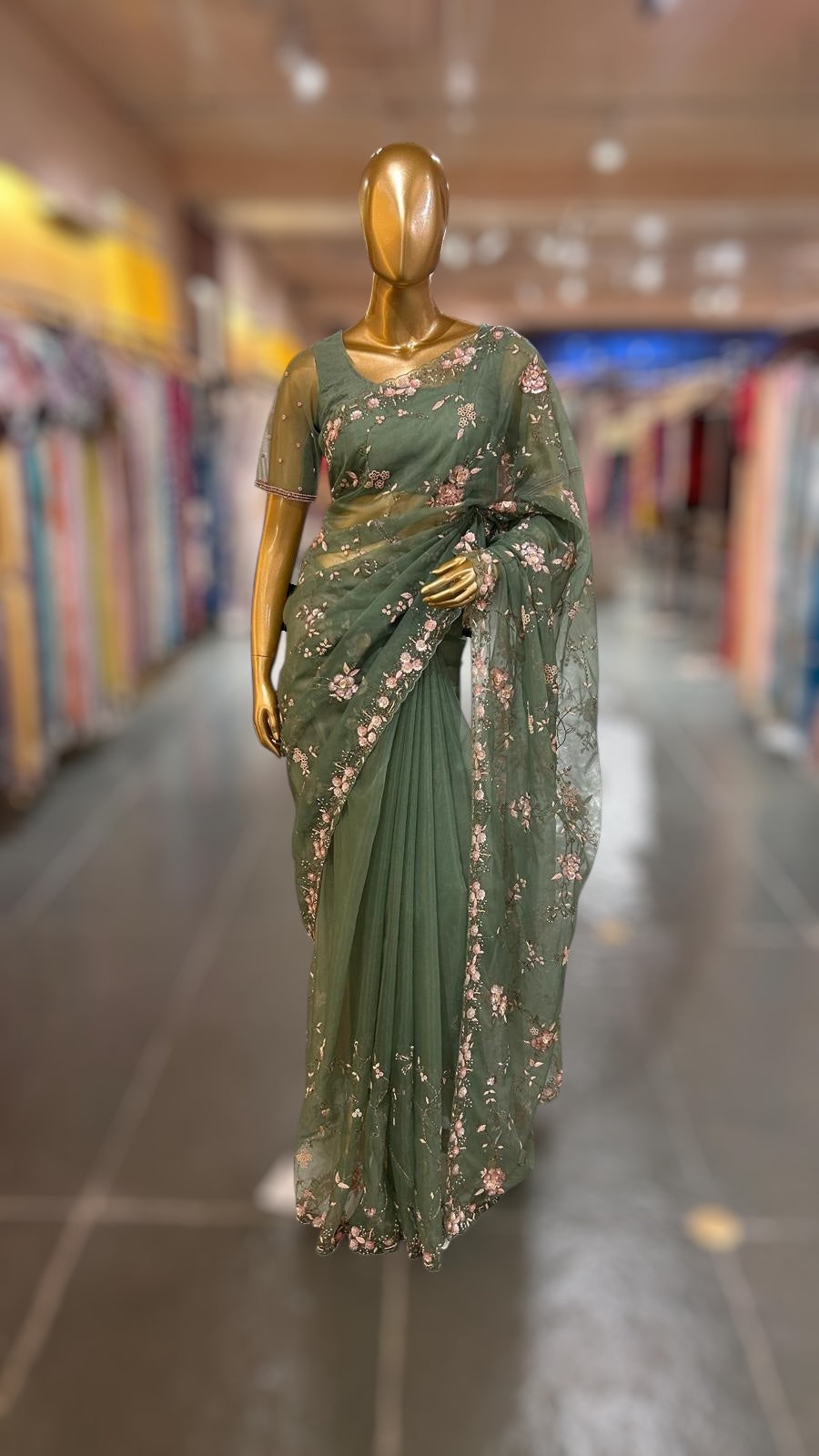 Sage Green Organza allover heavy handwork saree with ready to wear blouse