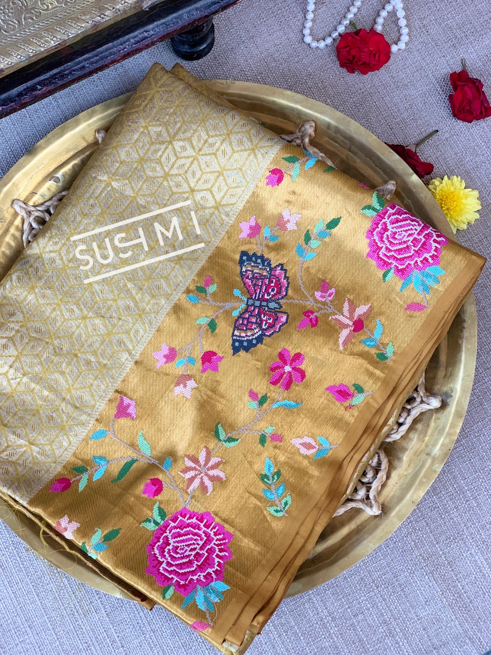 Gold Kanjeevaram Tissue Sareewith petite point embroidery : S62F085