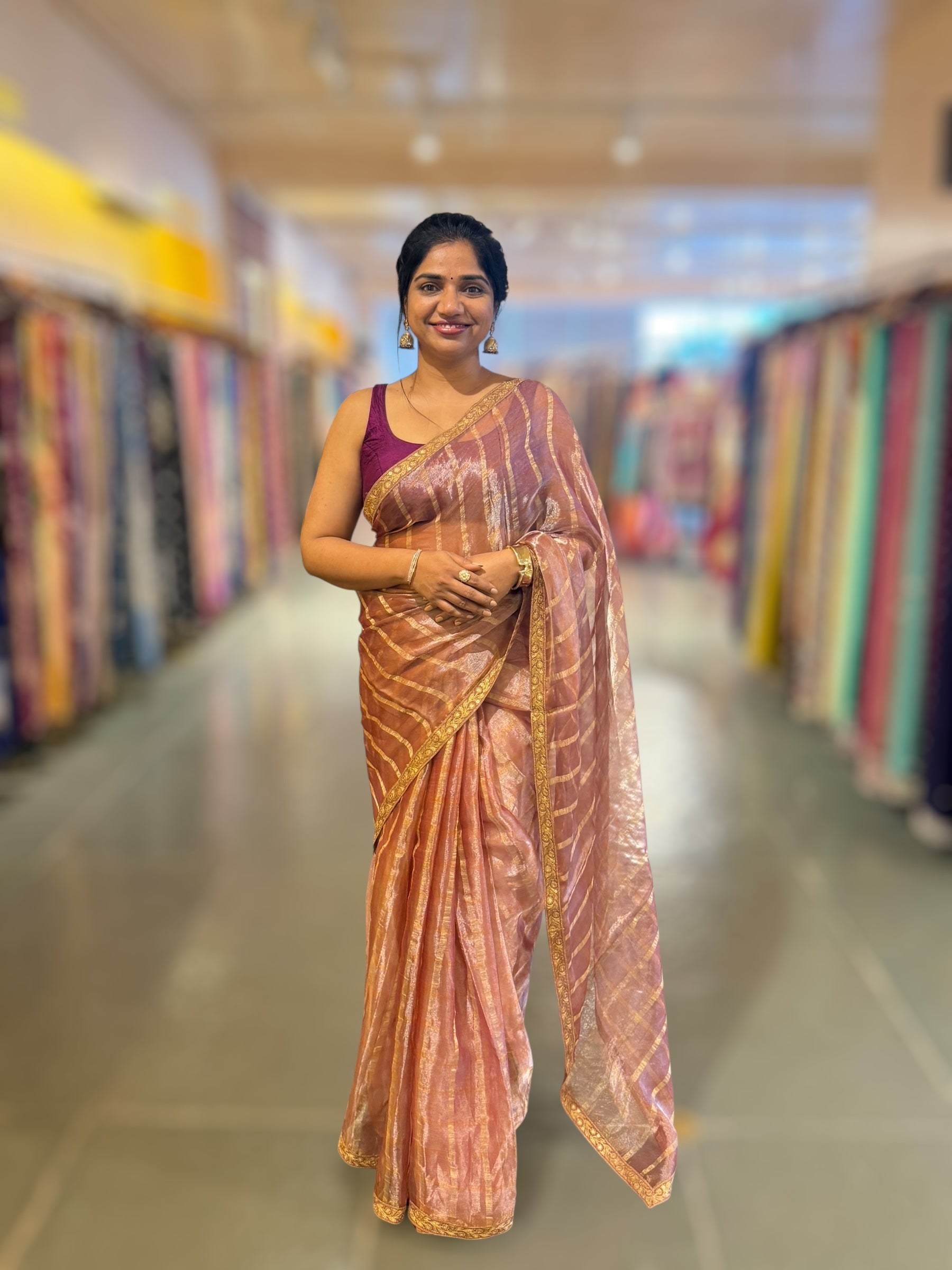 Onion Pink Banarasi Tissue checks Saree with Sabyasachi Borders