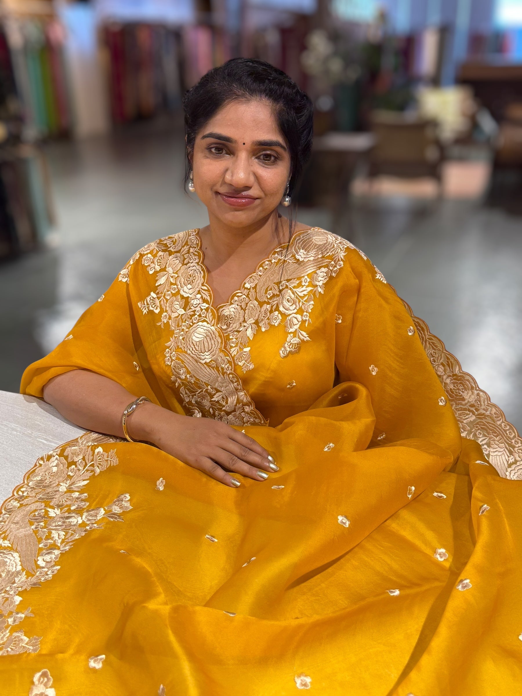 Mustard Organza Saree with Parsi Gara Embroidered Border