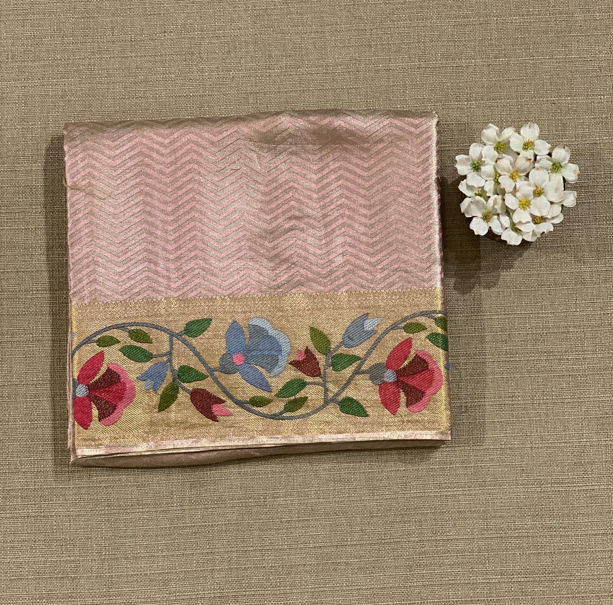 Light Rose Pink Kanchi Tissue Brocade Saree With jamdani inspired embroidery.