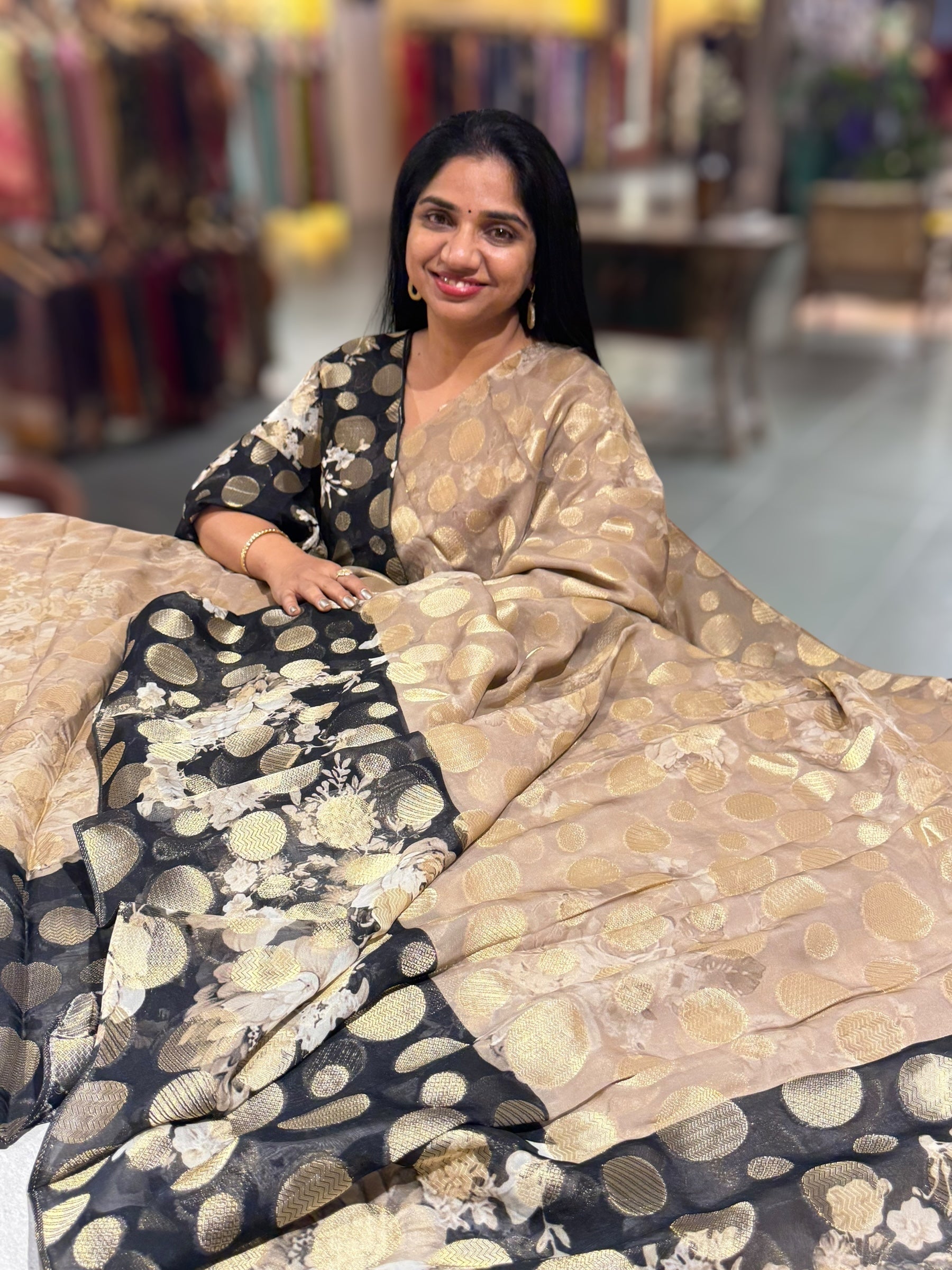 Chikoo Banarasi Kora Gorgette Polka dot Printed Saree