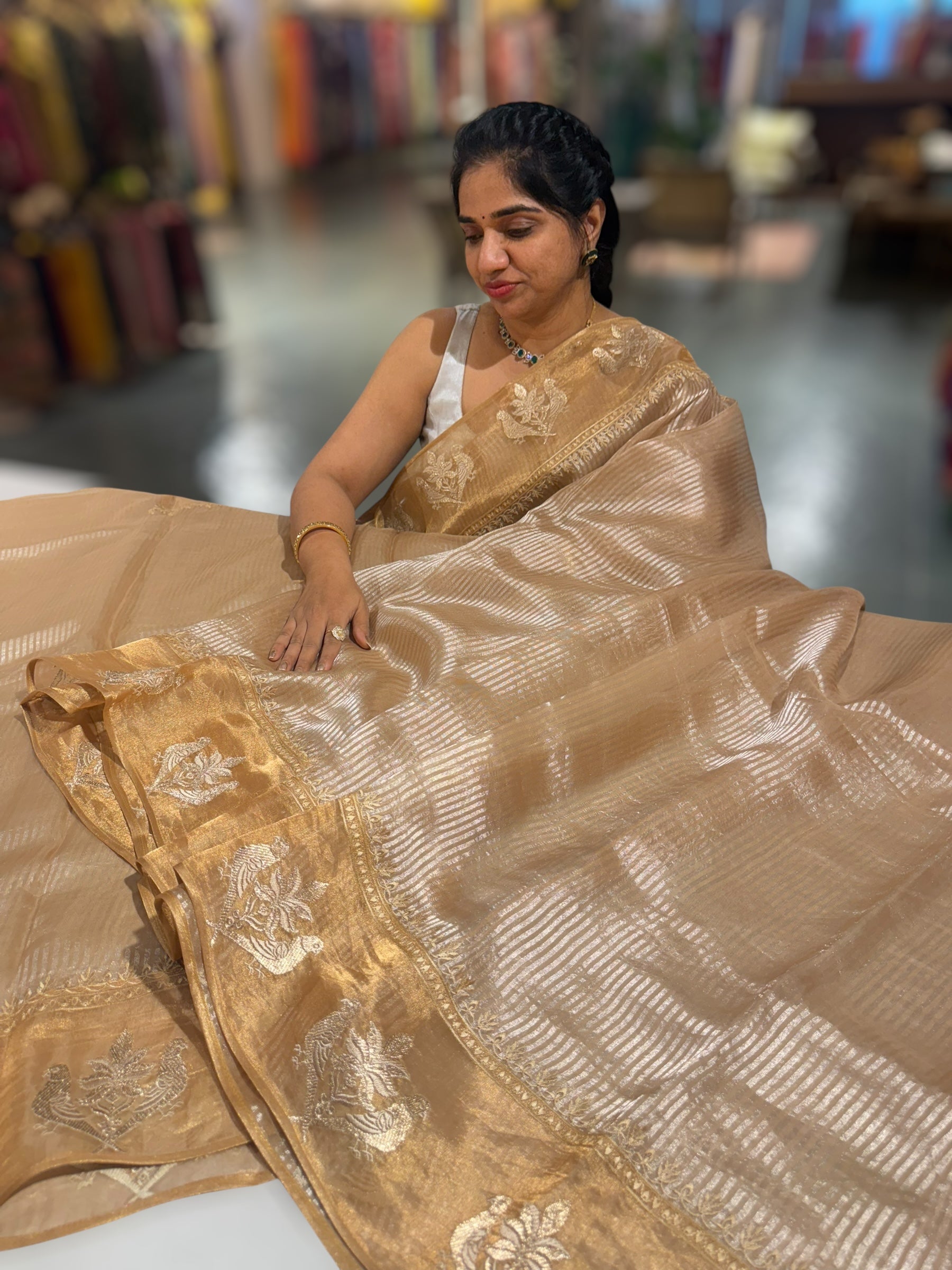 Gold Kora tissue silver stripes Saree with double parrot  embroidered tissue border