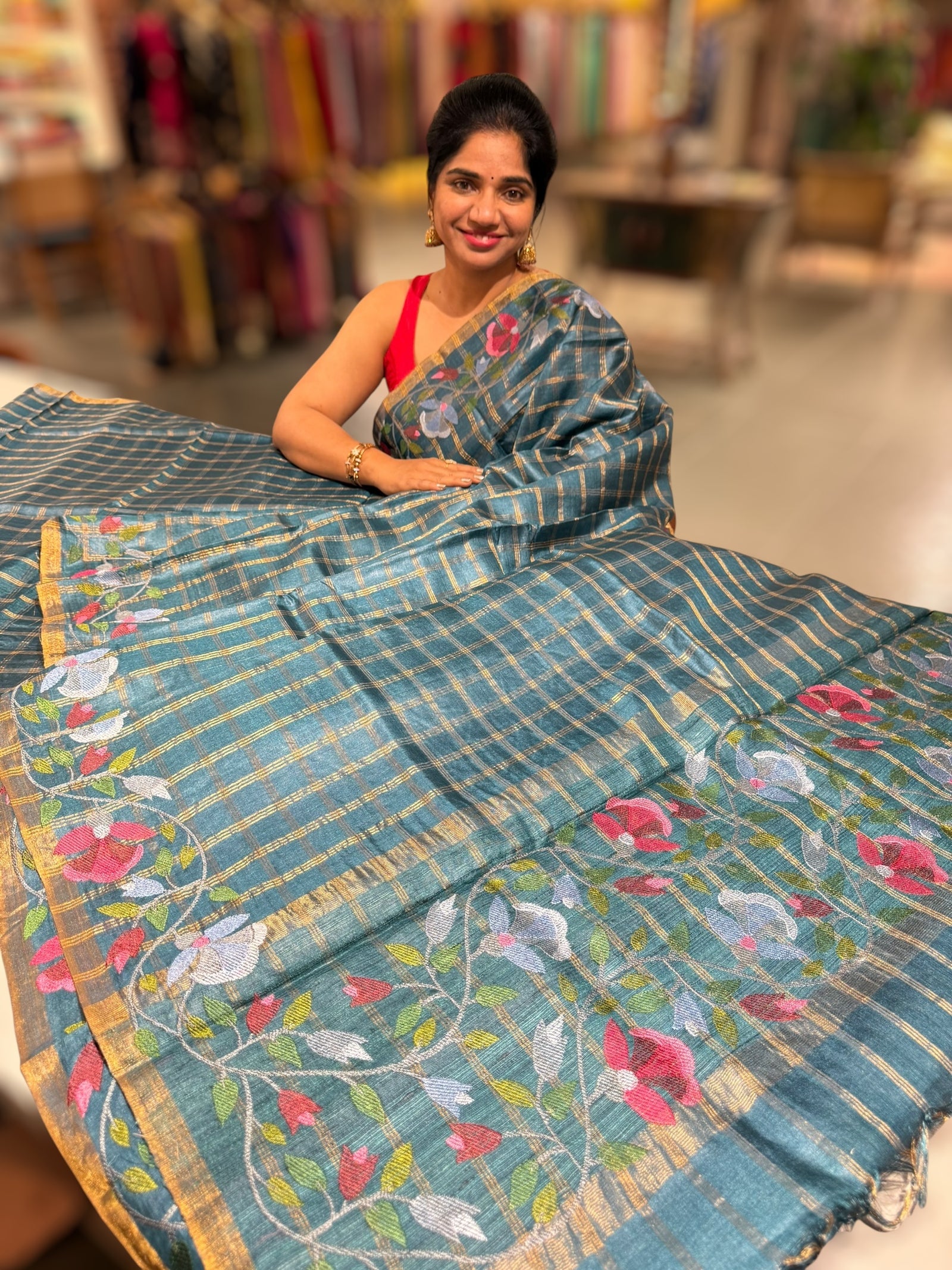 Peacock Blue pure handloom Tussar Vintage Checks Saree with Jamdani inspired embroidered border