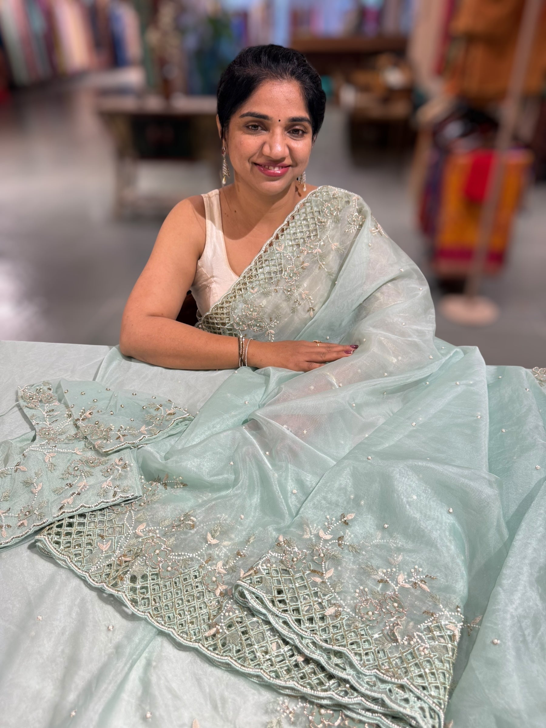 Mint Organza handwork saree with heavy cutwork handwork border ready to wear blouse