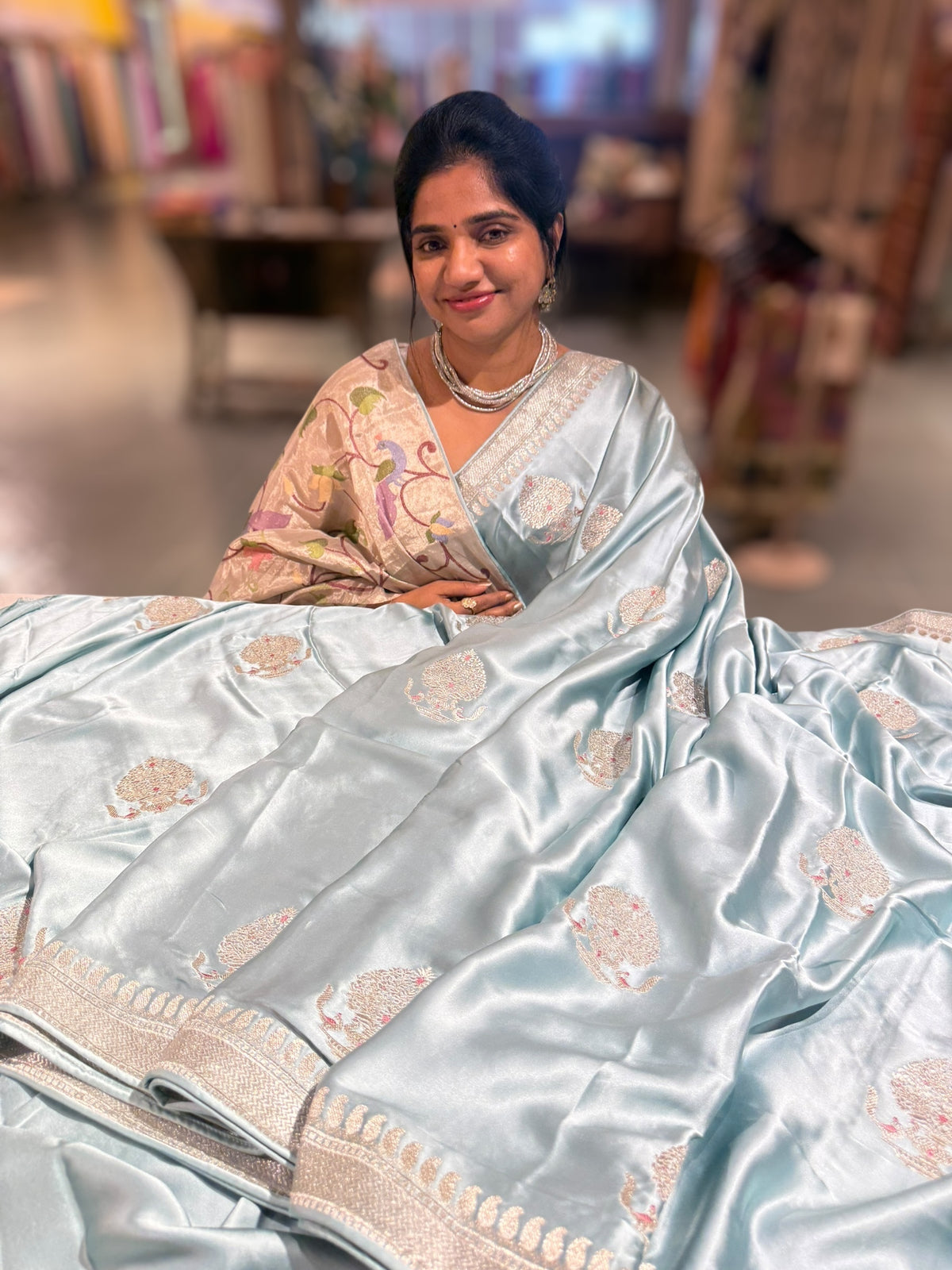 Dusty Blue Pure Satin Saree with Embroidery.