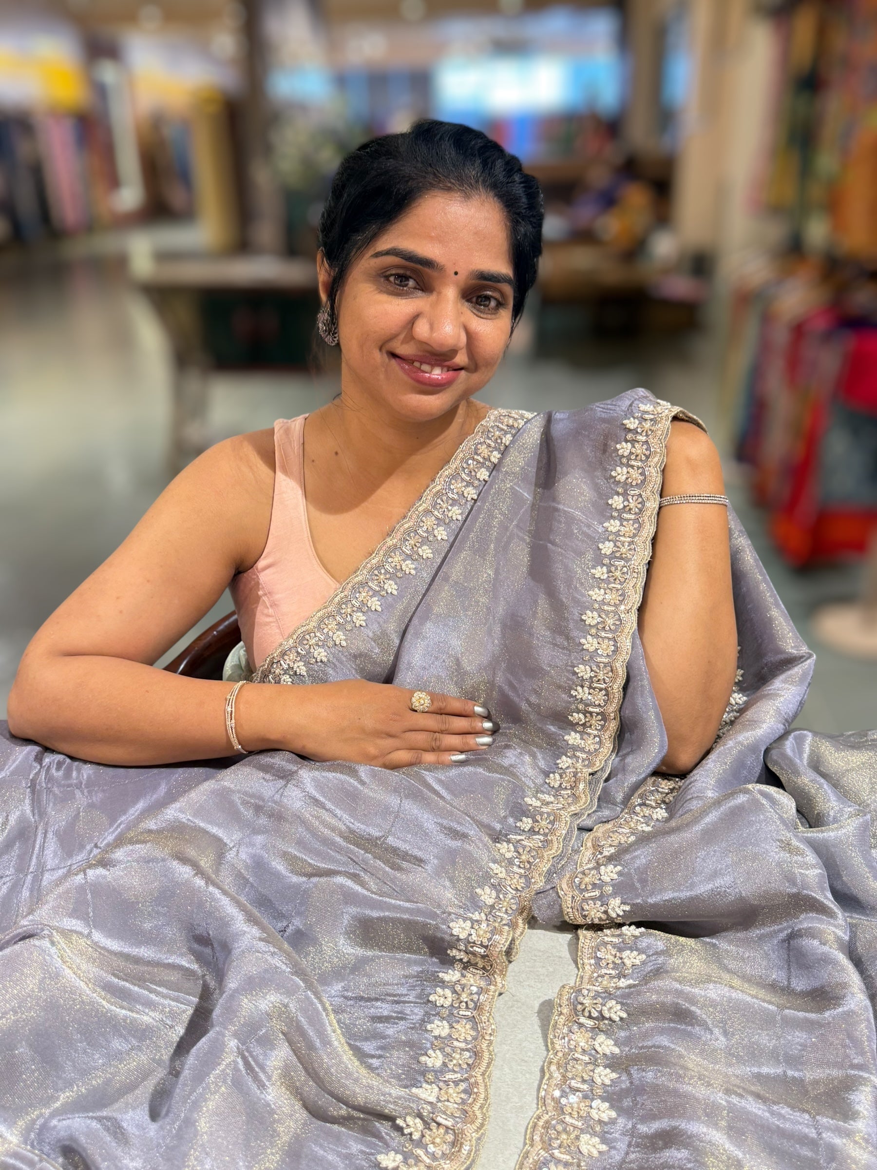 Greyish Violet Tissue Gorgette Saree With Hanwork Border and Blouse.