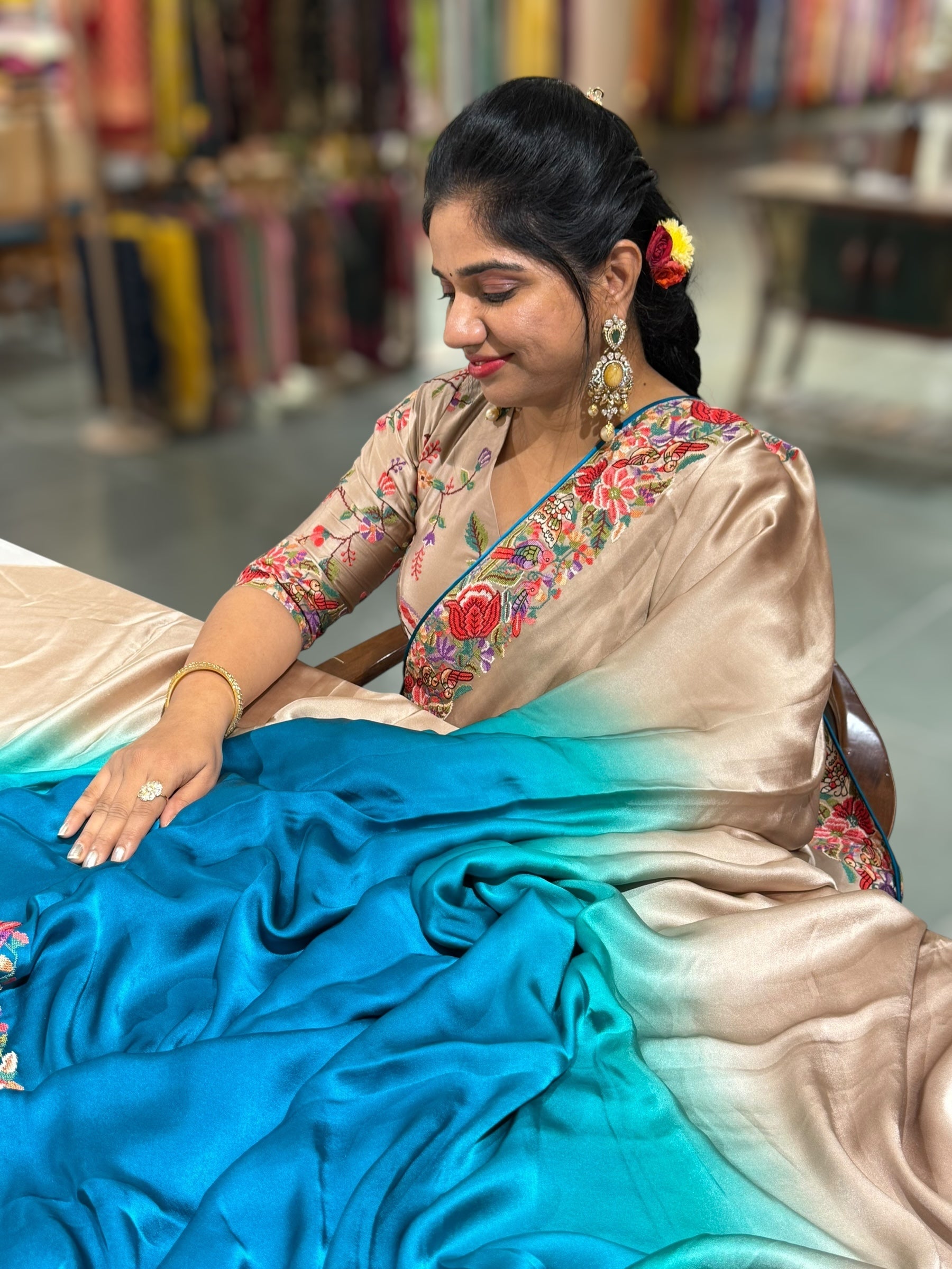 Pure Satin Ombre Dyed Saree with Petite Point Embroidered Border and blouse.