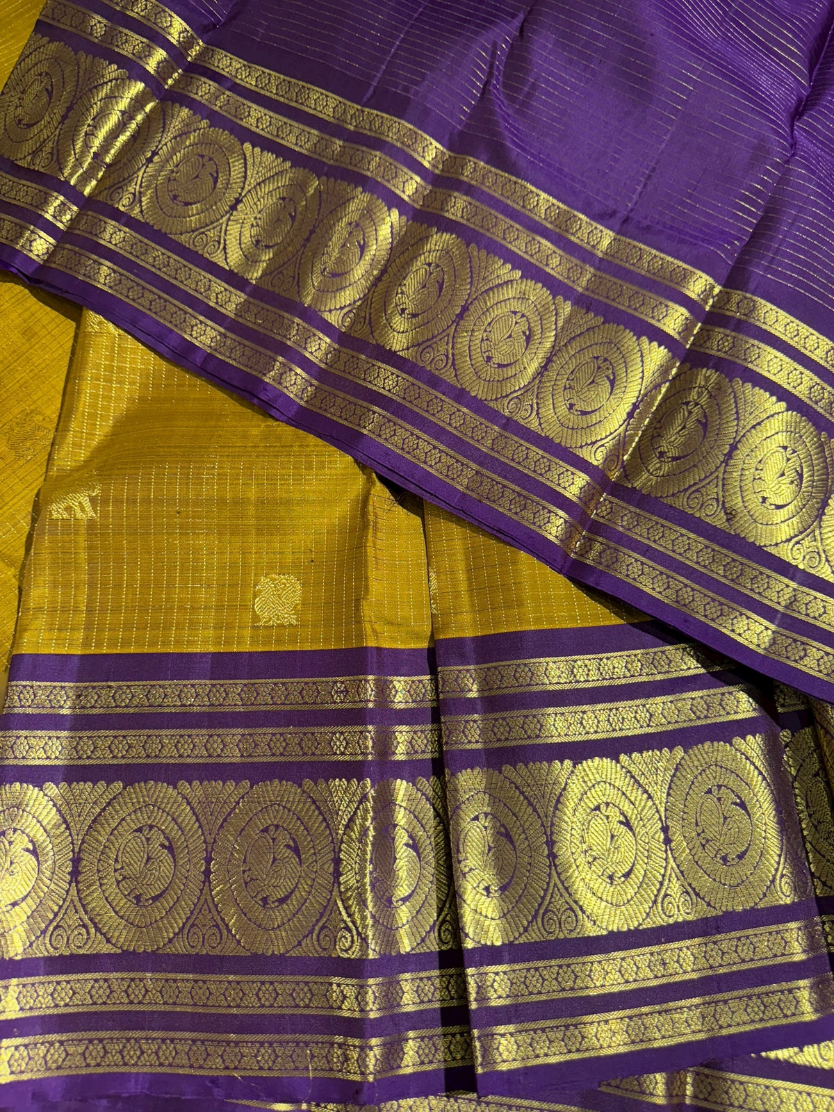 Mustard olive & Brinjal Combo Kanchipuram Vintage checks Saree