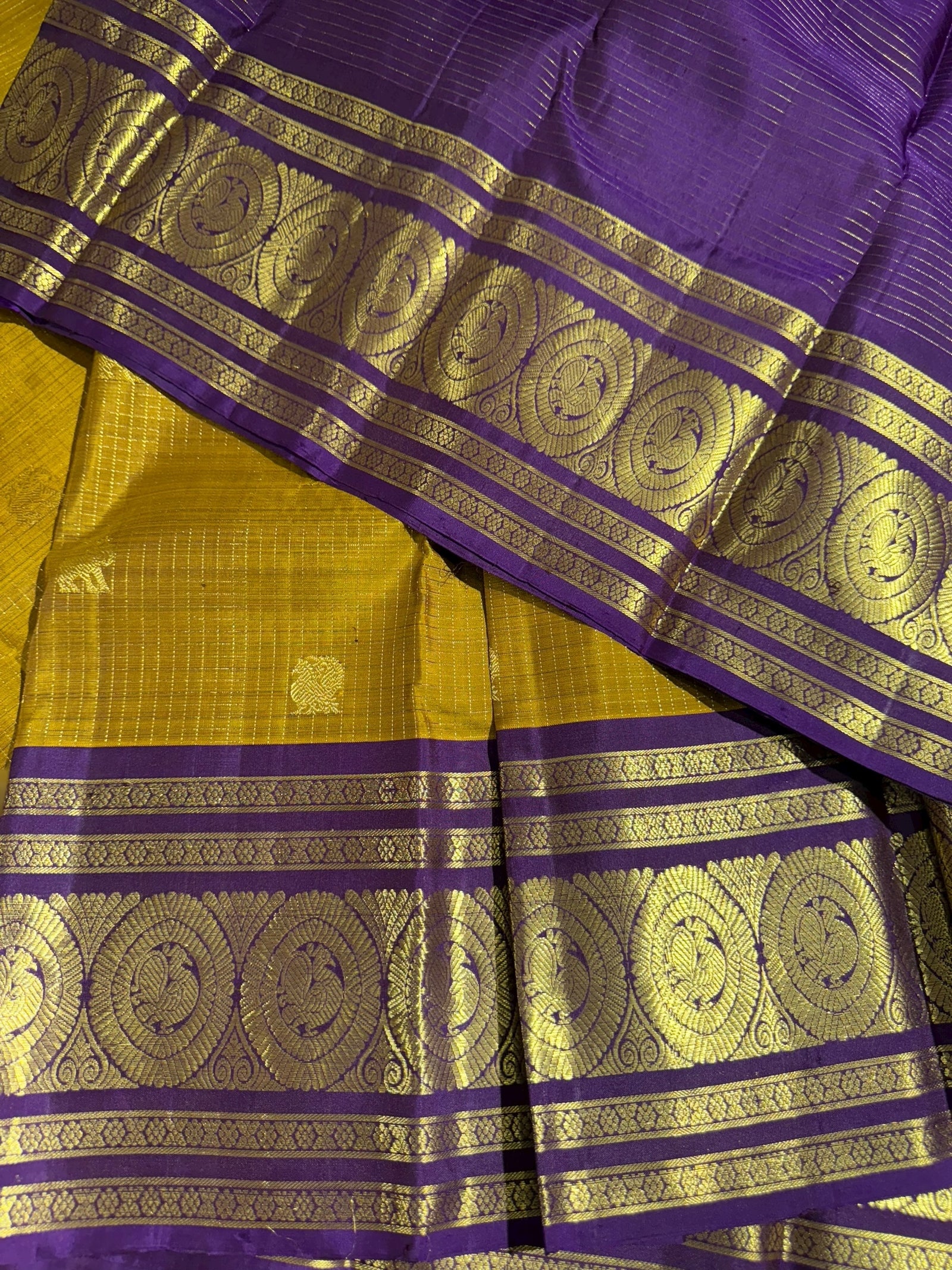 Mustard olive & Brinjal Combo Kanchipuram Vintage checks Saree