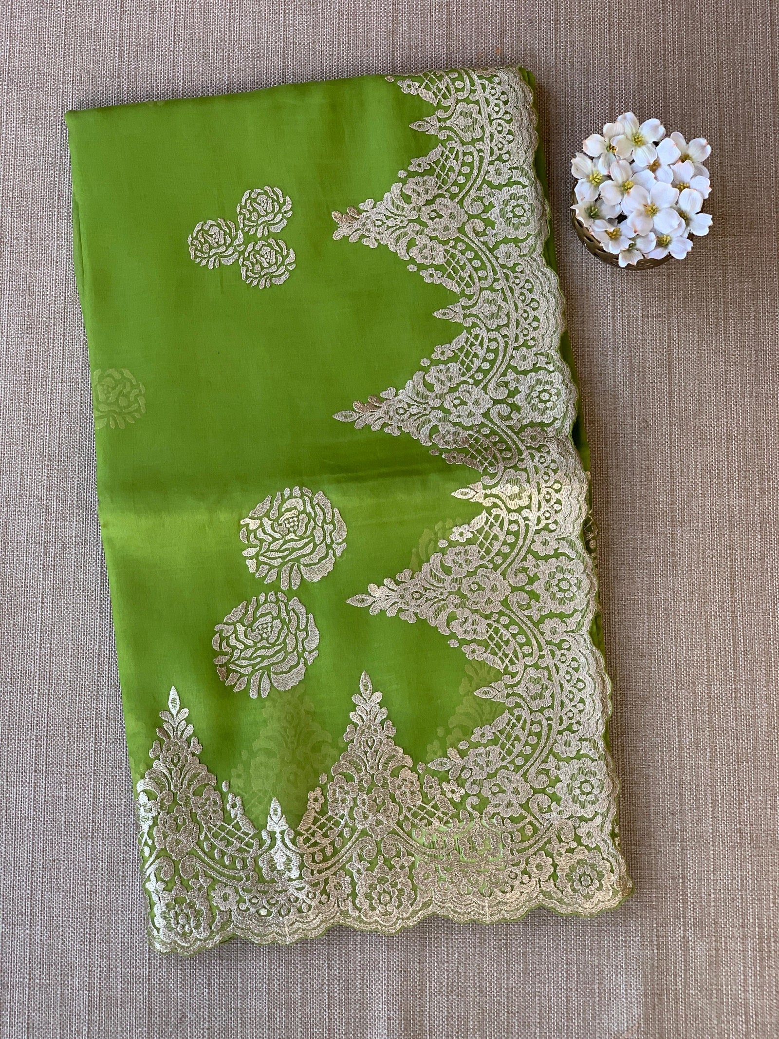 Neon Green Organza with chantilly Lace embroidery