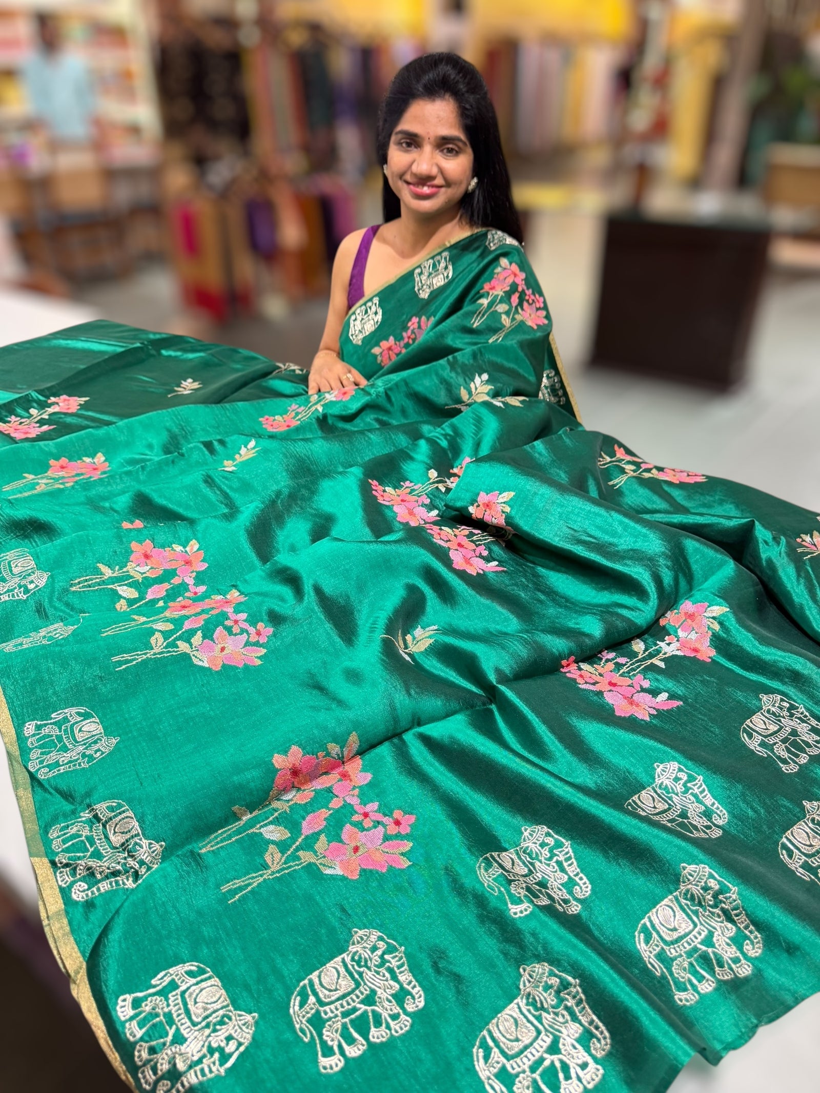 Emerald Green Banarasi Silk Saree with petite point embroidery
