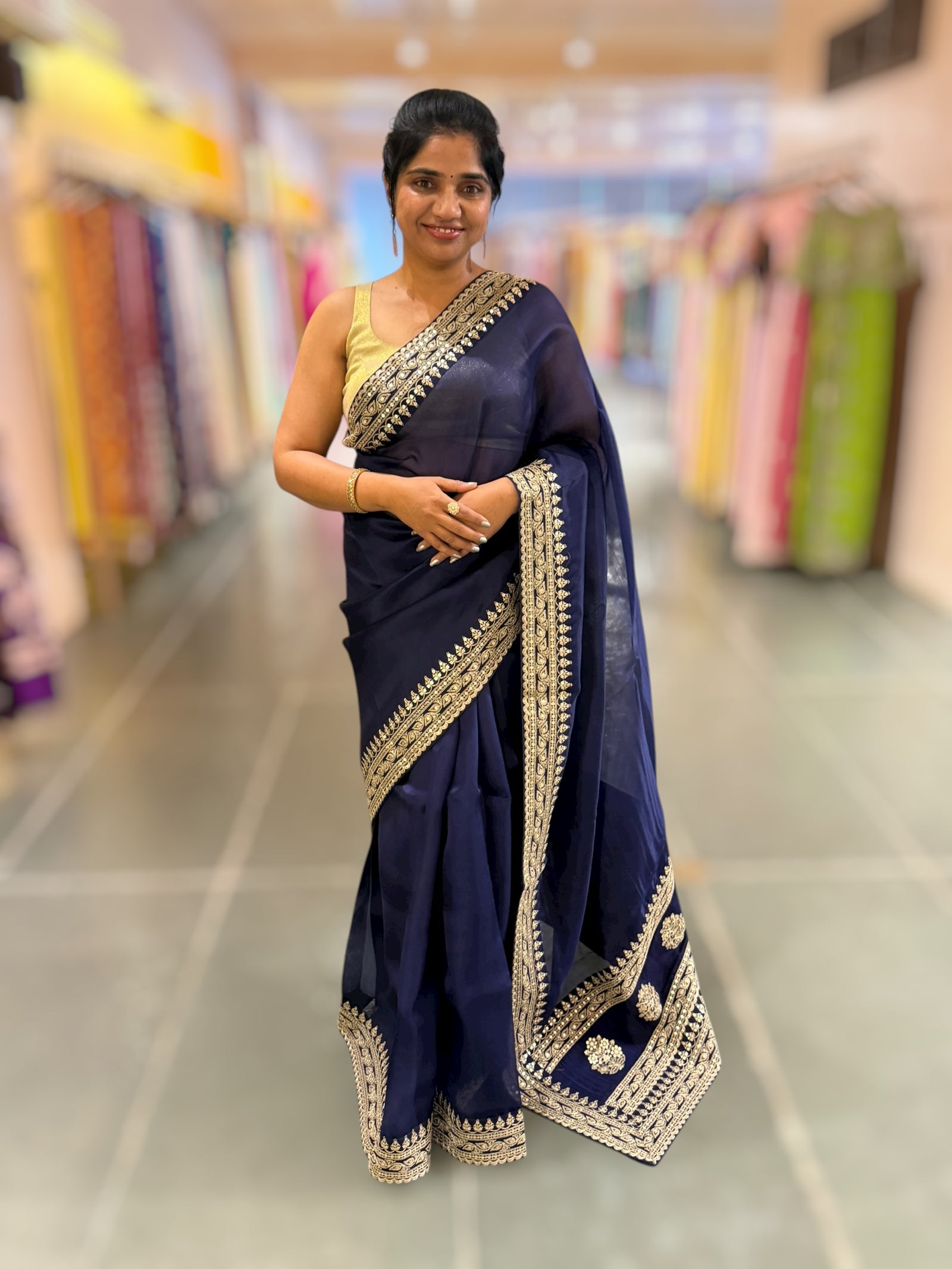 Navy Blue Pure Organza Saree with sabyasachi borders and blouse