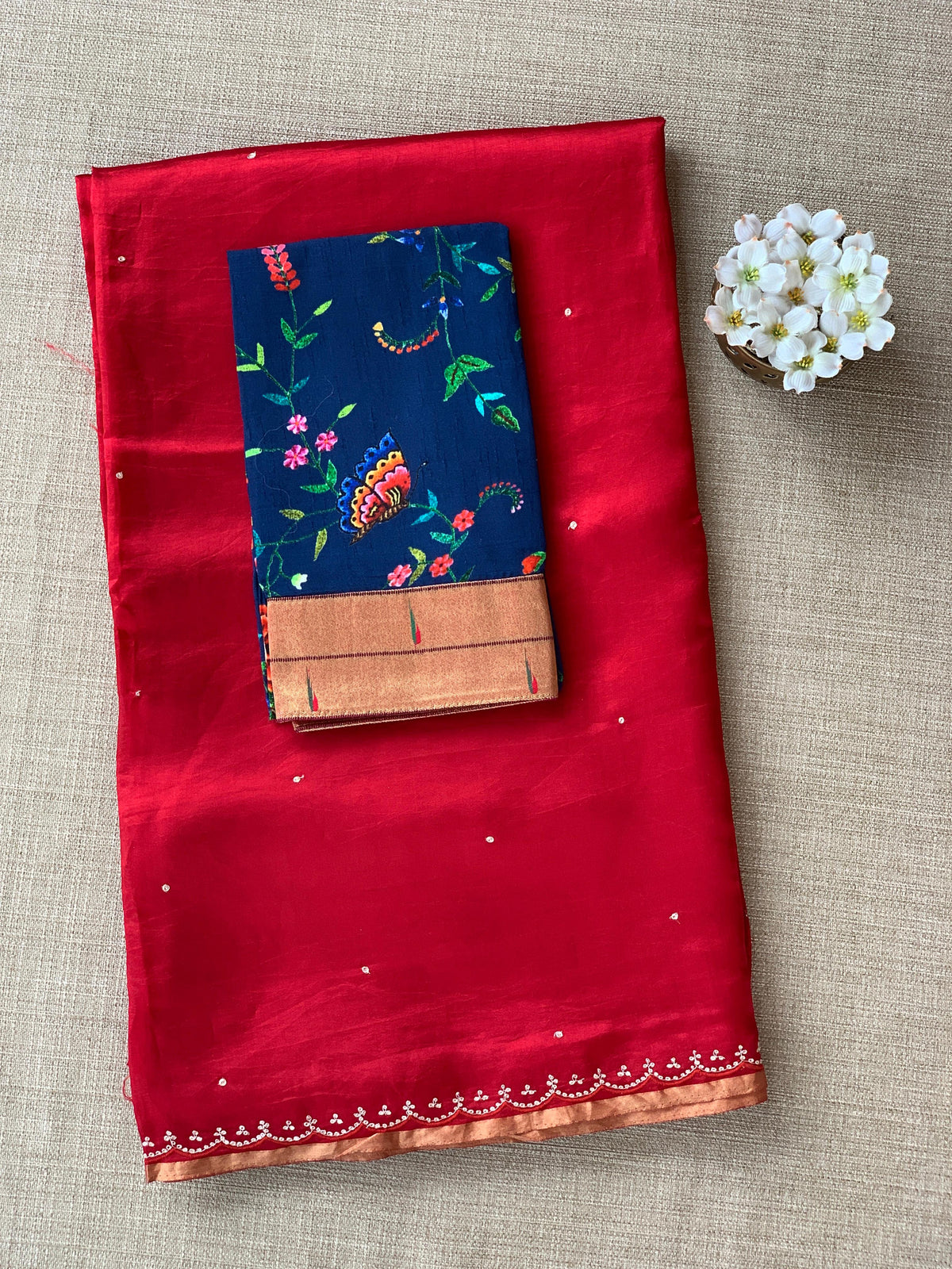 Red Banarasi silk with fusion blouse