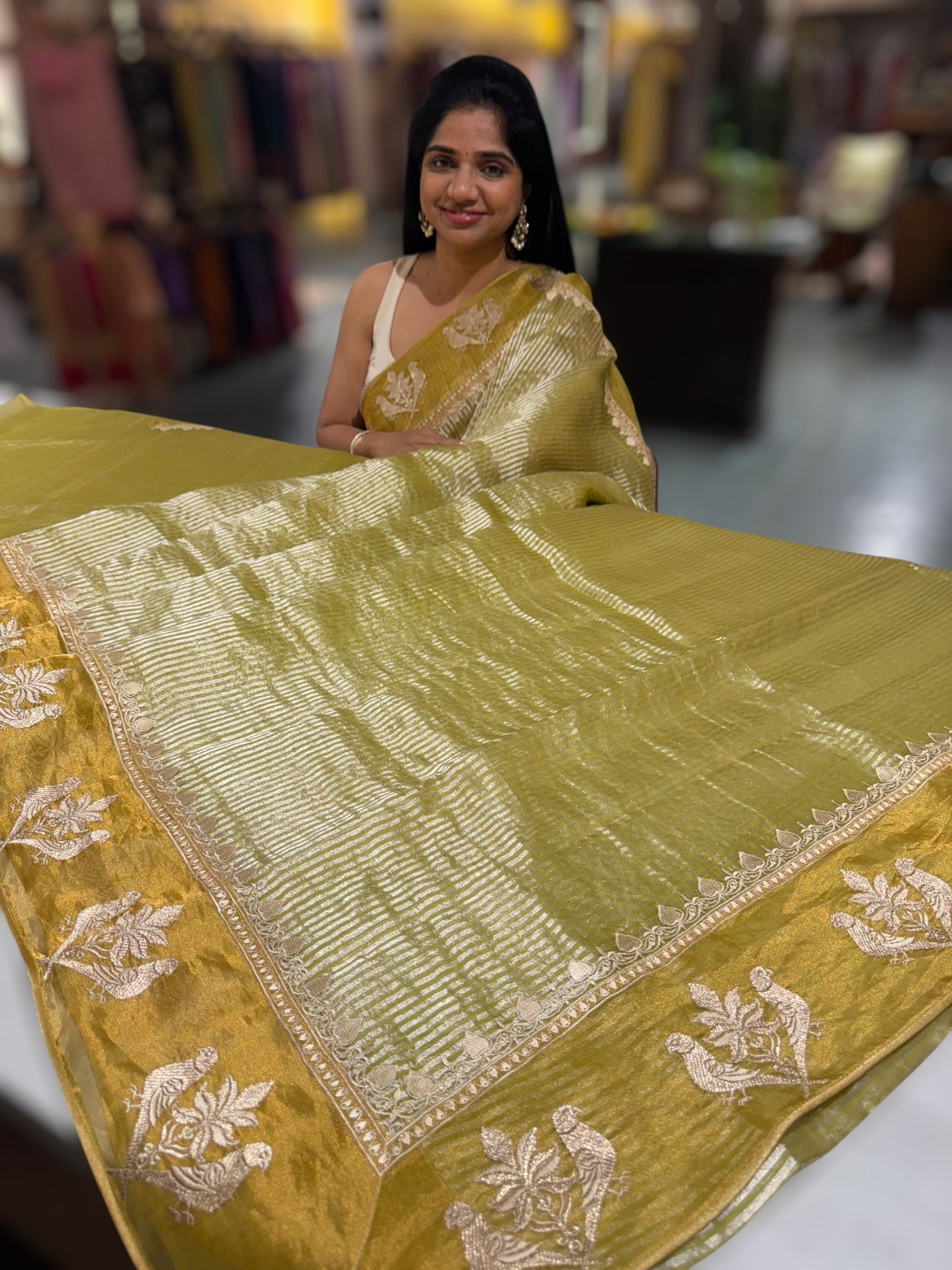 Lime Green Kora tissue stripes Saree with embroidery