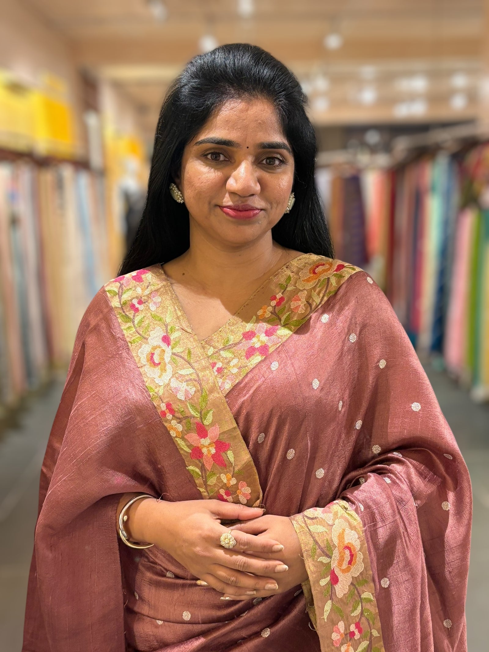 English Brown Raw Silk Saree with Embroidery