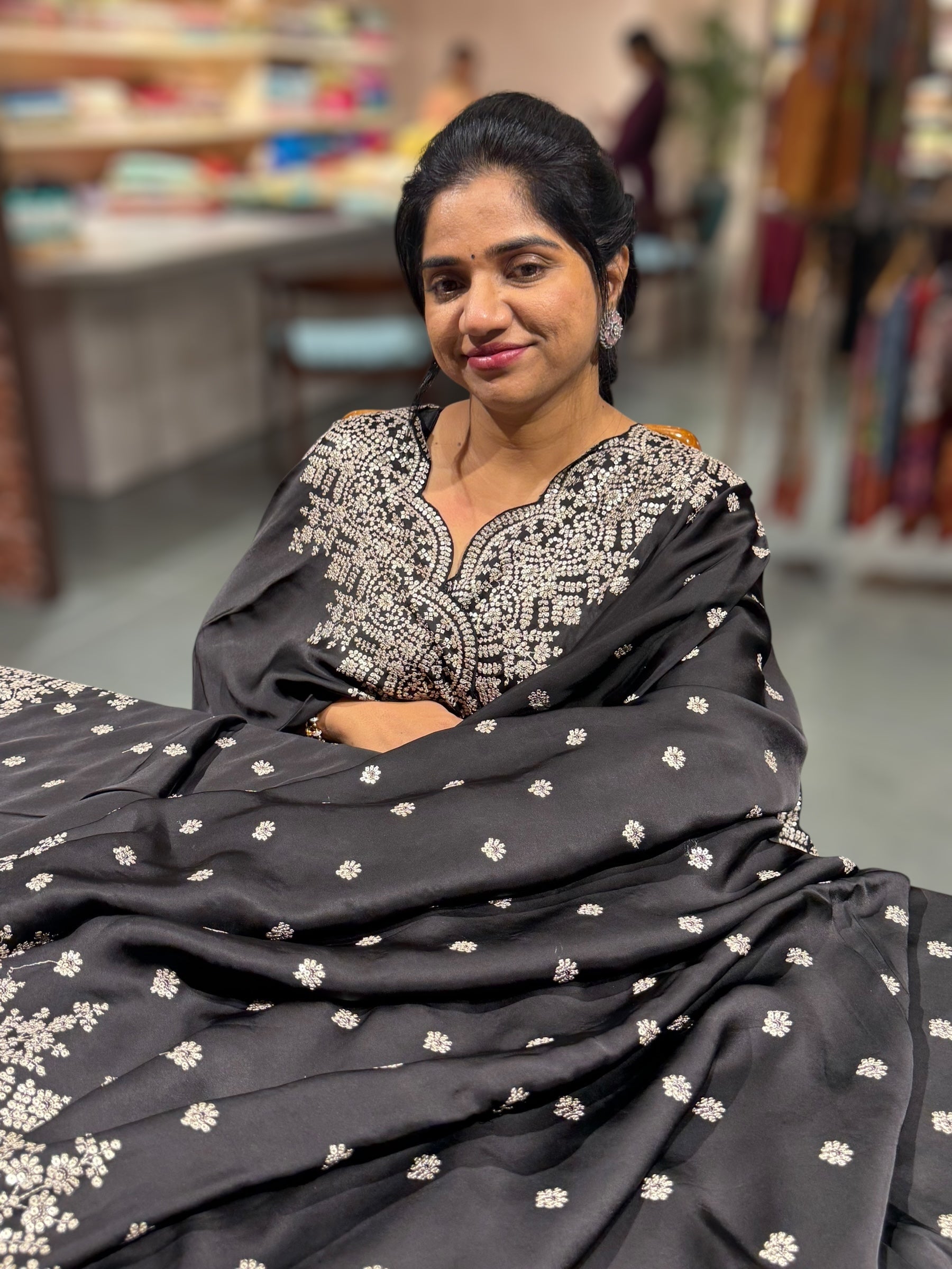 Black Satin Saree with heavy sequnce embroidered scallop Border