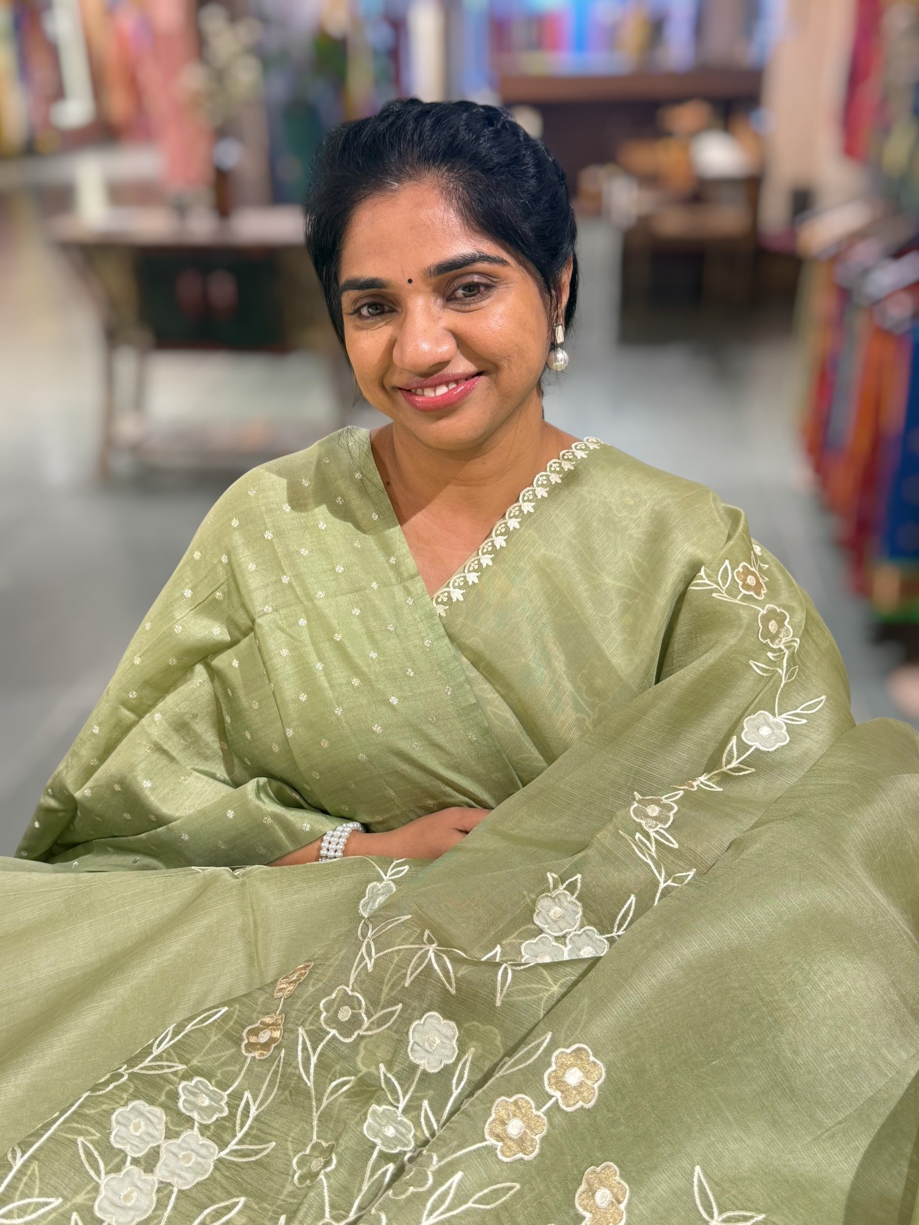 Olive Organza Saree With Tissue Applique Work