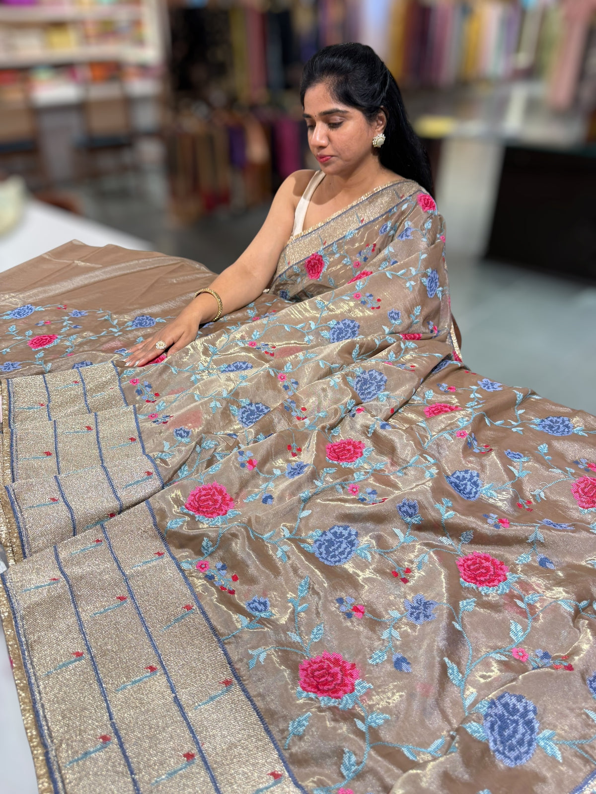Earthy tone Tissue Saree with embroidery