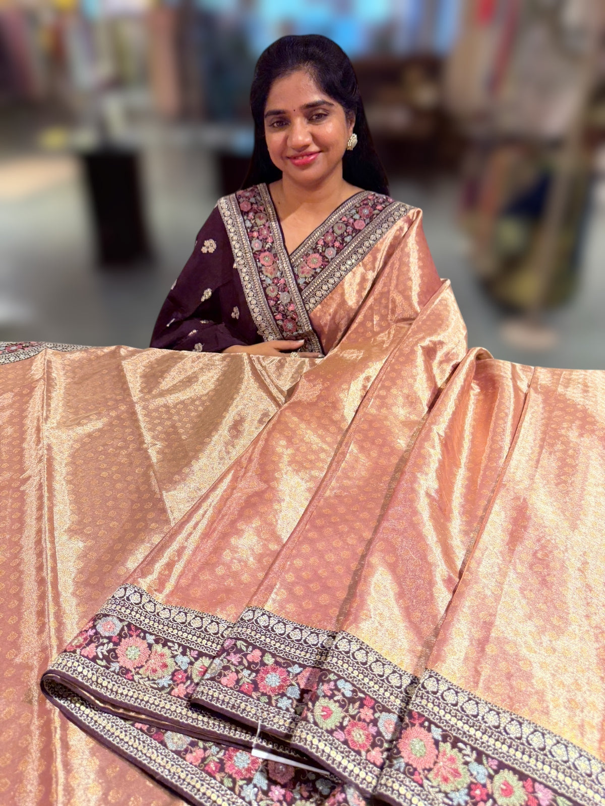 Copper Banarasi brocade tissue saree with sabhya borders