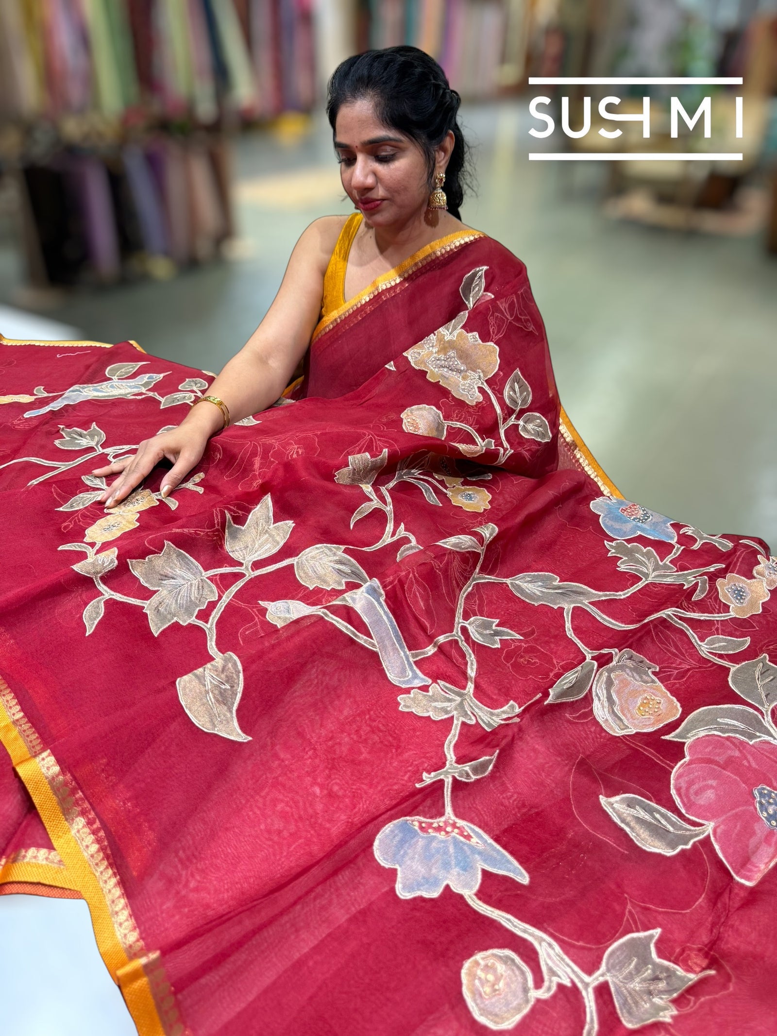 Dark Red Designer Organza with Tissue applique work : S62F096