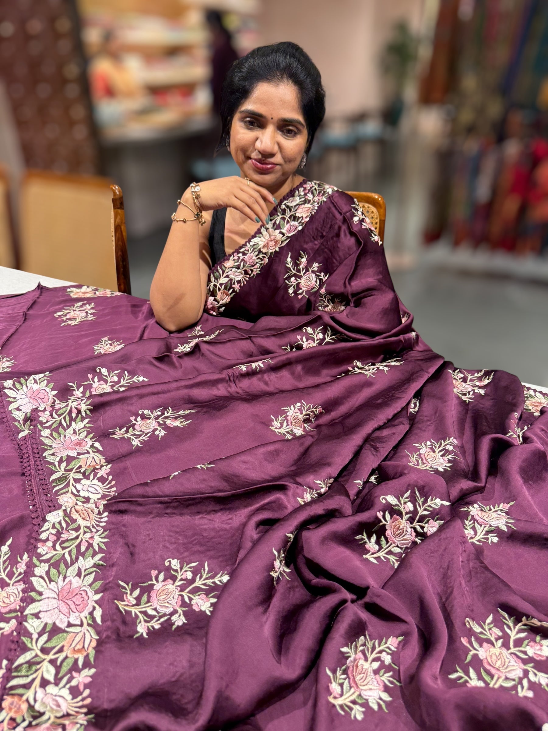 Wine Satin Saree with Parsi Gara embroidery