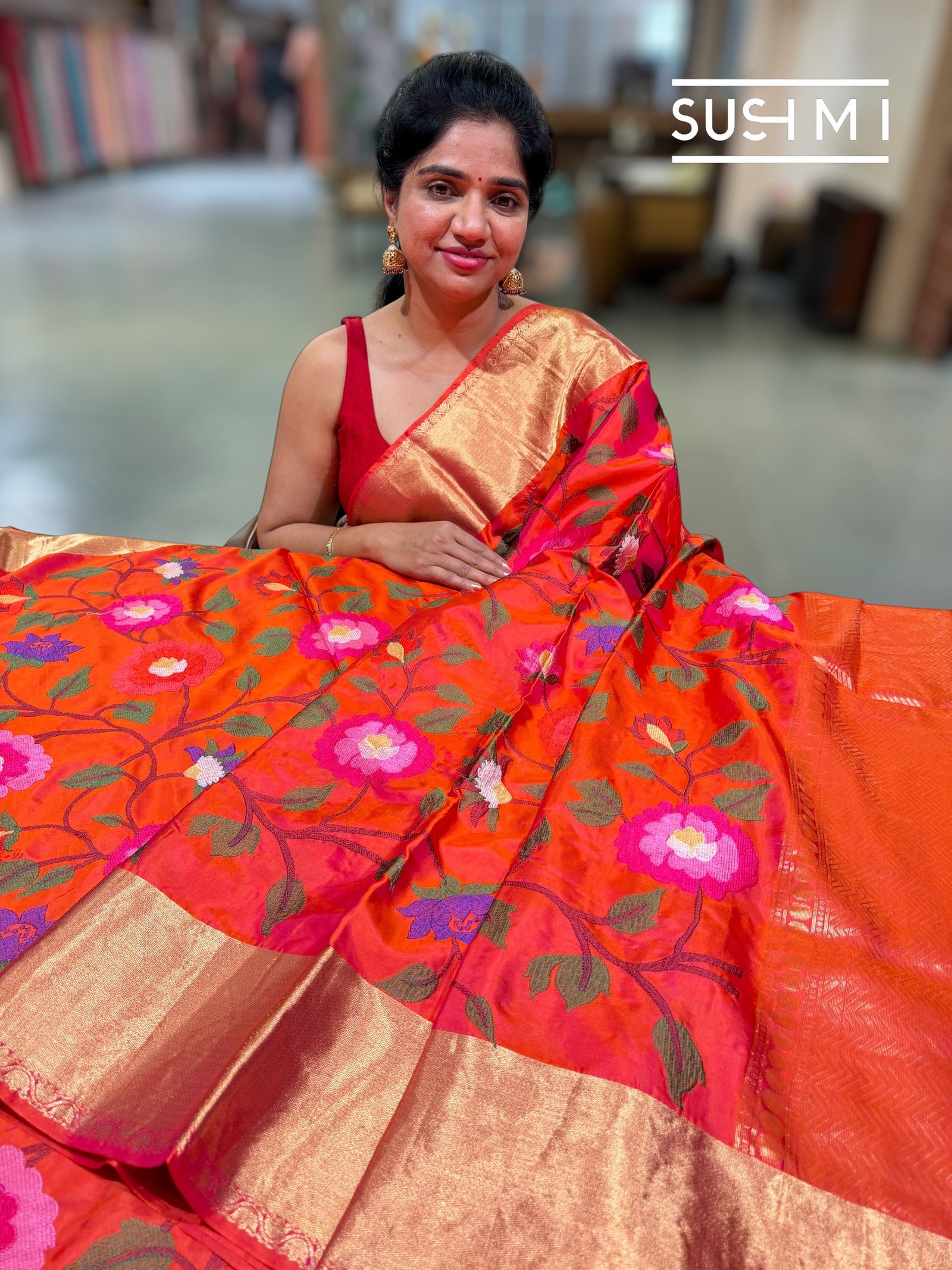 Pinkish Orange Kanchi Soft Silk Saree with embroidery : S62F175