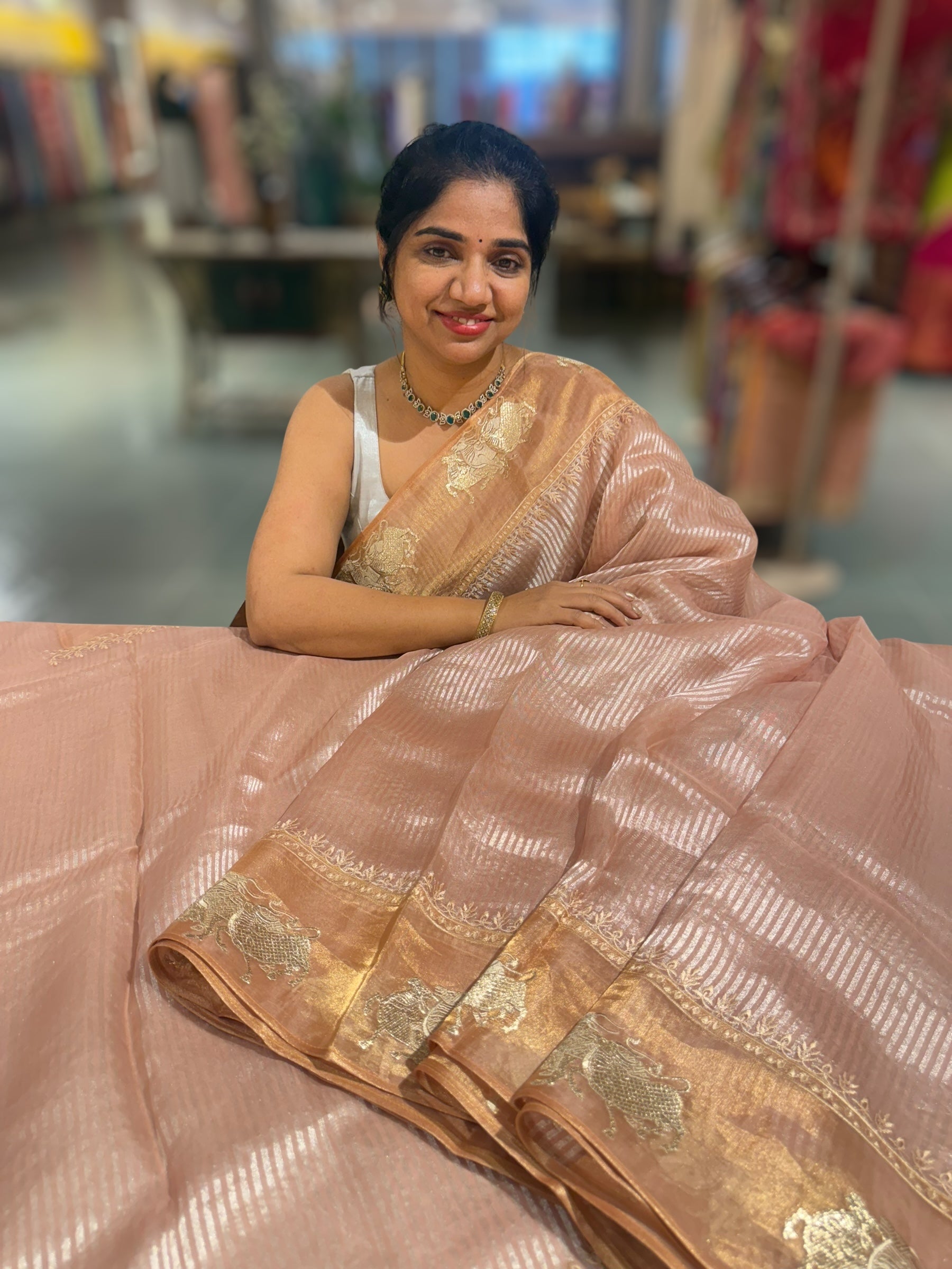 Peach Pink Kora tissue stripes Saree with Nandi embroidered tissue border