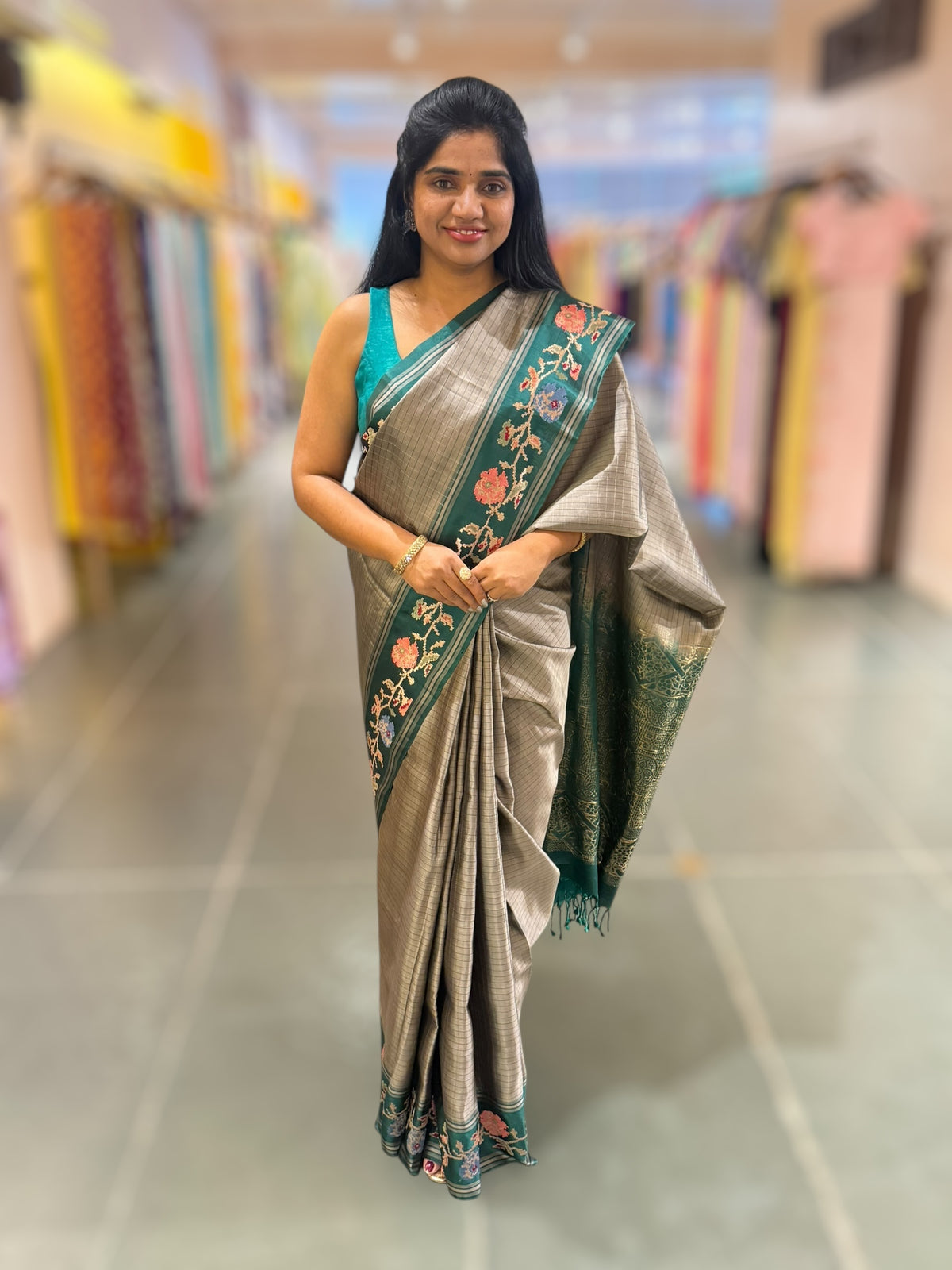 Dusty Grey & Teal Vintage Kanchi soft silk saree with embroidery