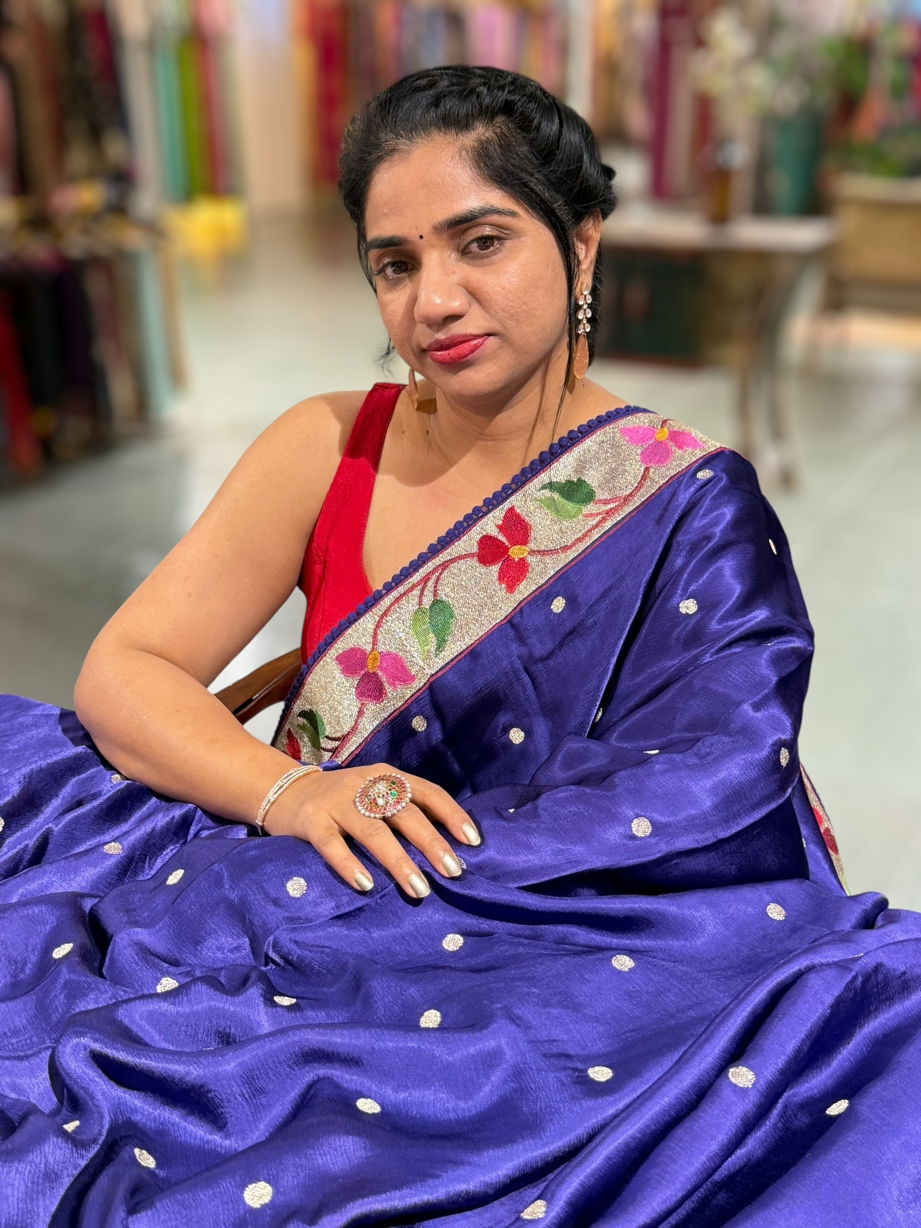 Violet Satin Saree with Paithani Embroidered Border