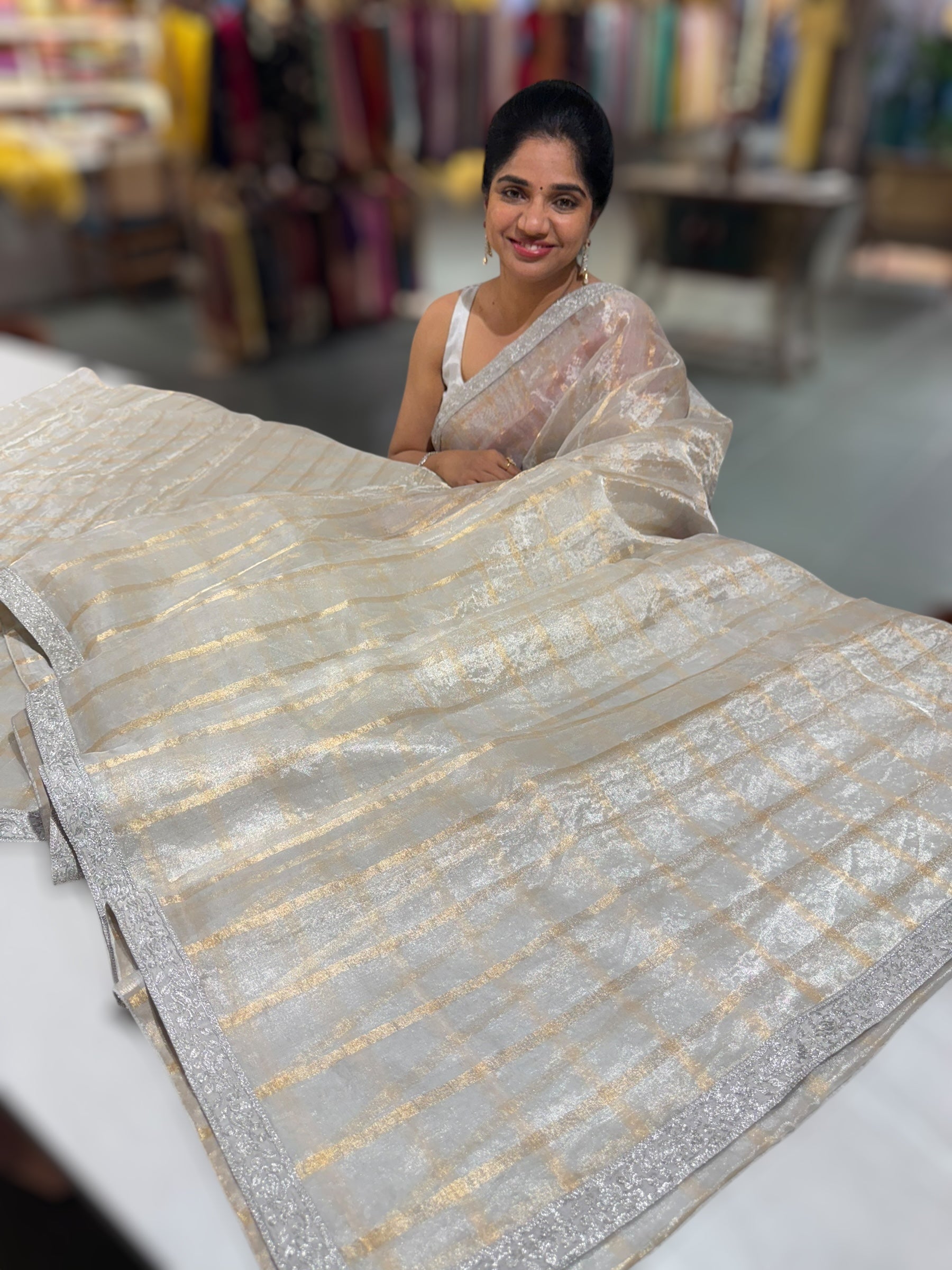 Silver Tissue Pure Handloom Tissue checks Saree with sabyasachi borders