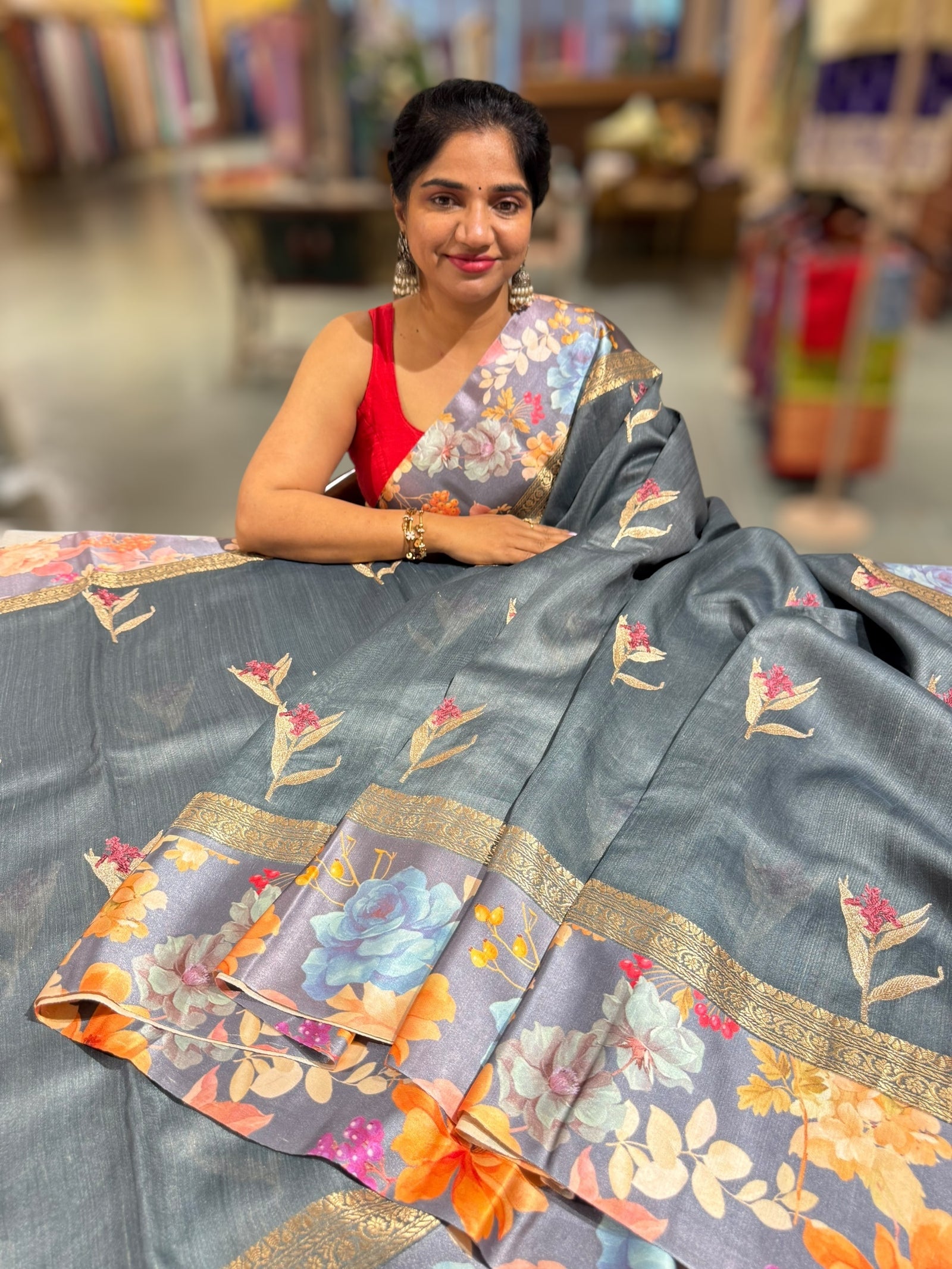 Elephant Grey Tussar Dhupion Saree with Floral printed mashru borders