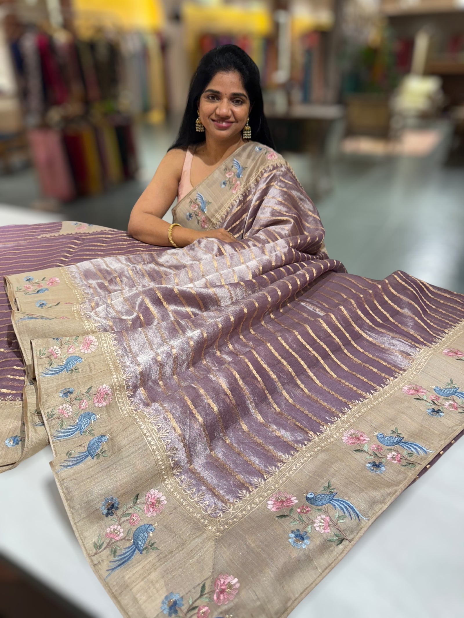Mauve Pure Handloom Tissue Saree with pure Tussar embroidered border