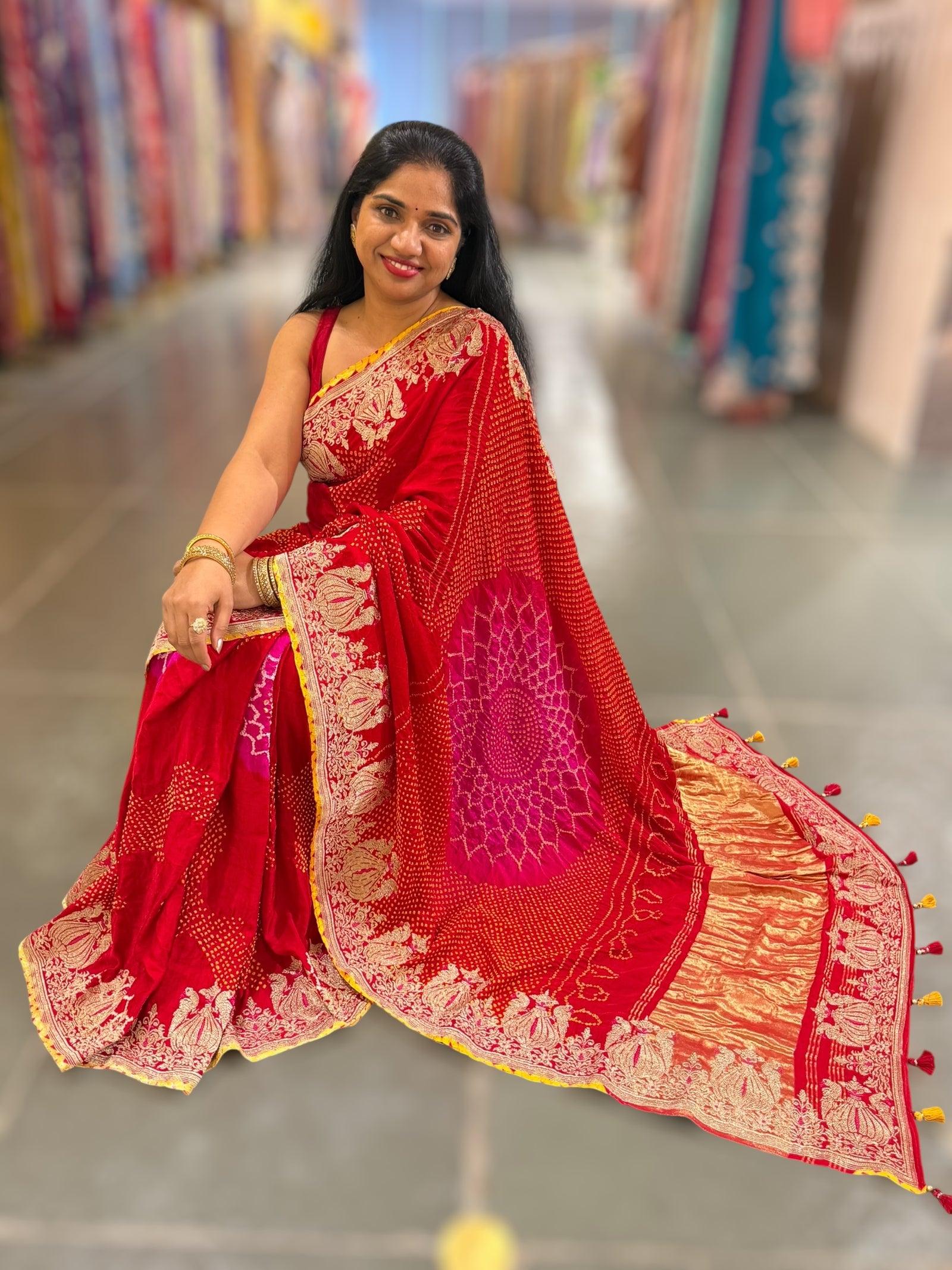 Red Rai bandhej Saree With Embroidered Border
