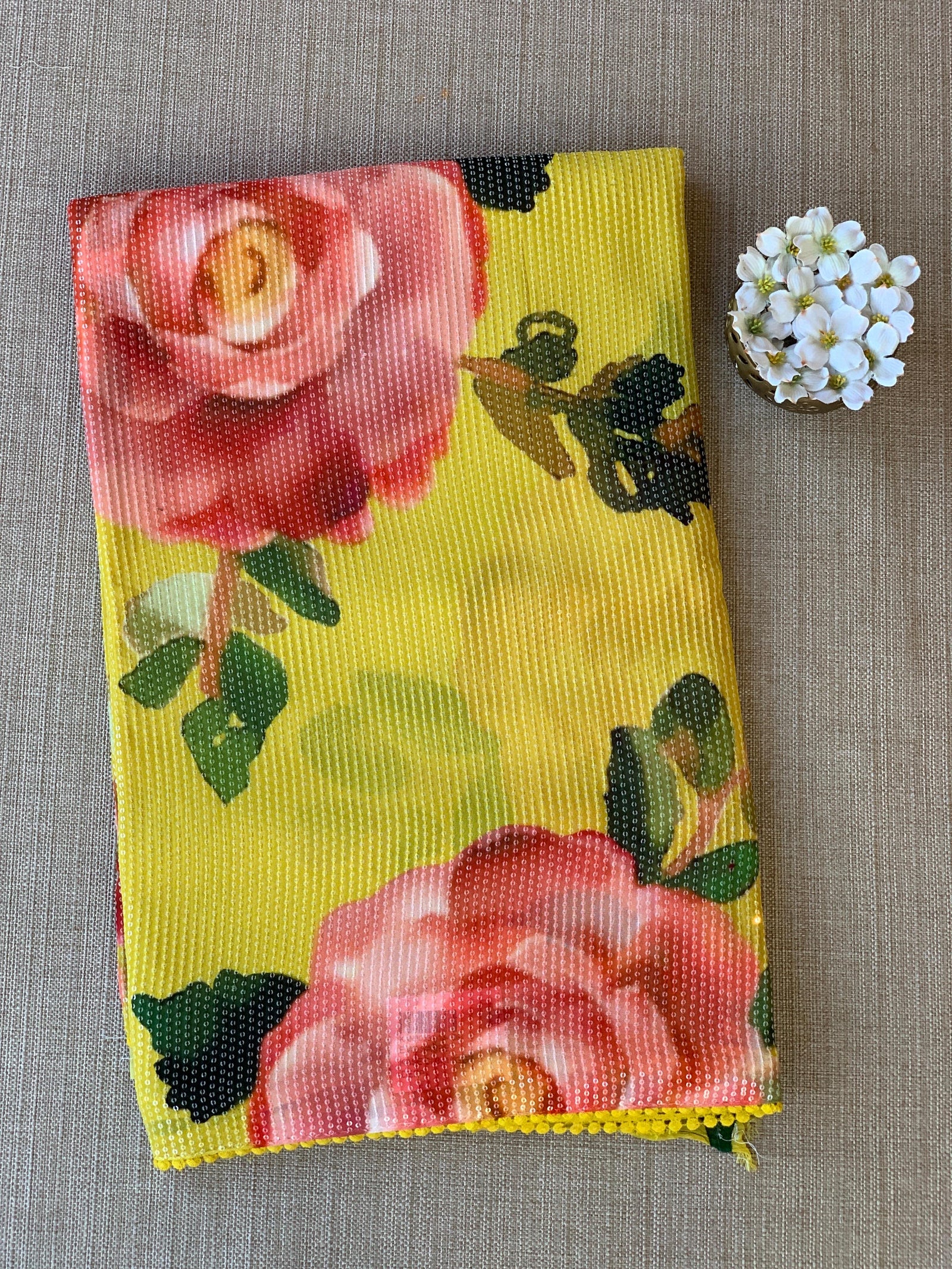 Mango Yellow georgette sequence saree with statement floral print