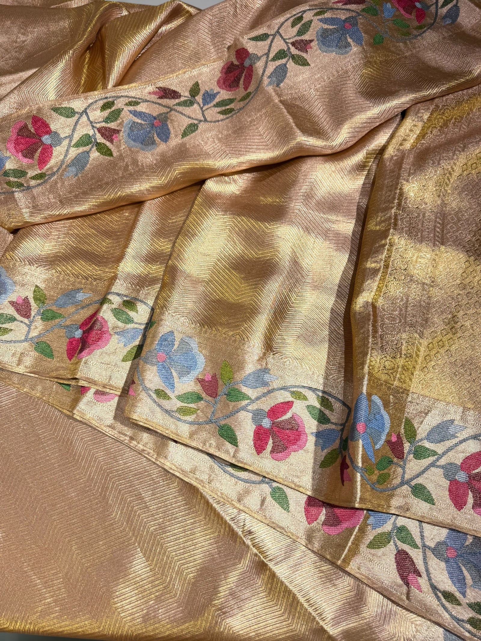 Rose Gold Kanchi Tissue Brocade Saree With jamdani inspired embroidery.