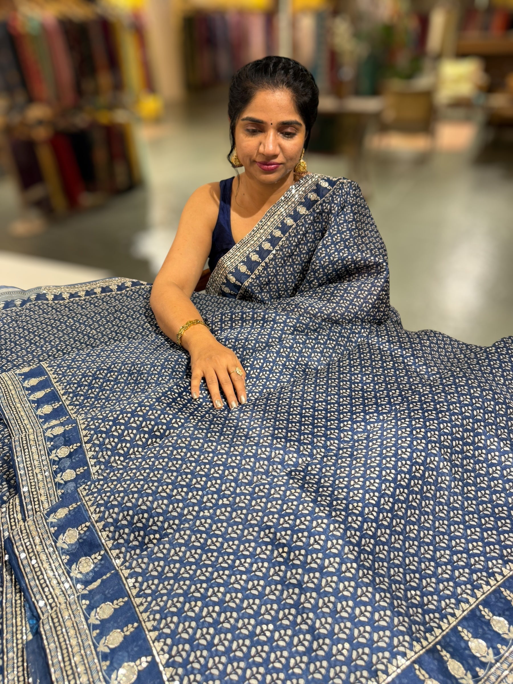 Kareena Kapoor Inspired Indigo Pure Organza Printed Saree with Handwork border and Blouse