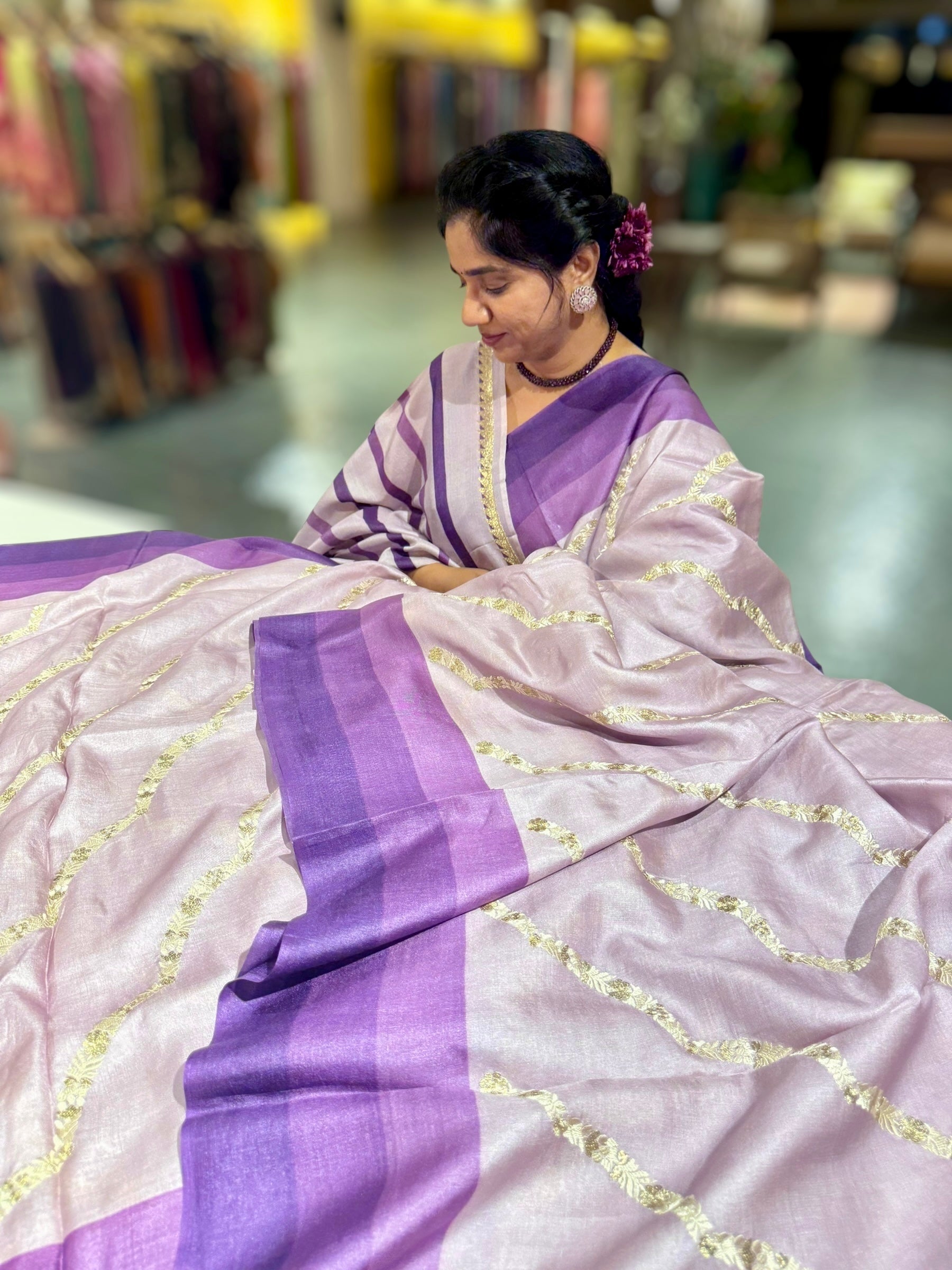 Lilac Embroidered Tussar Saree