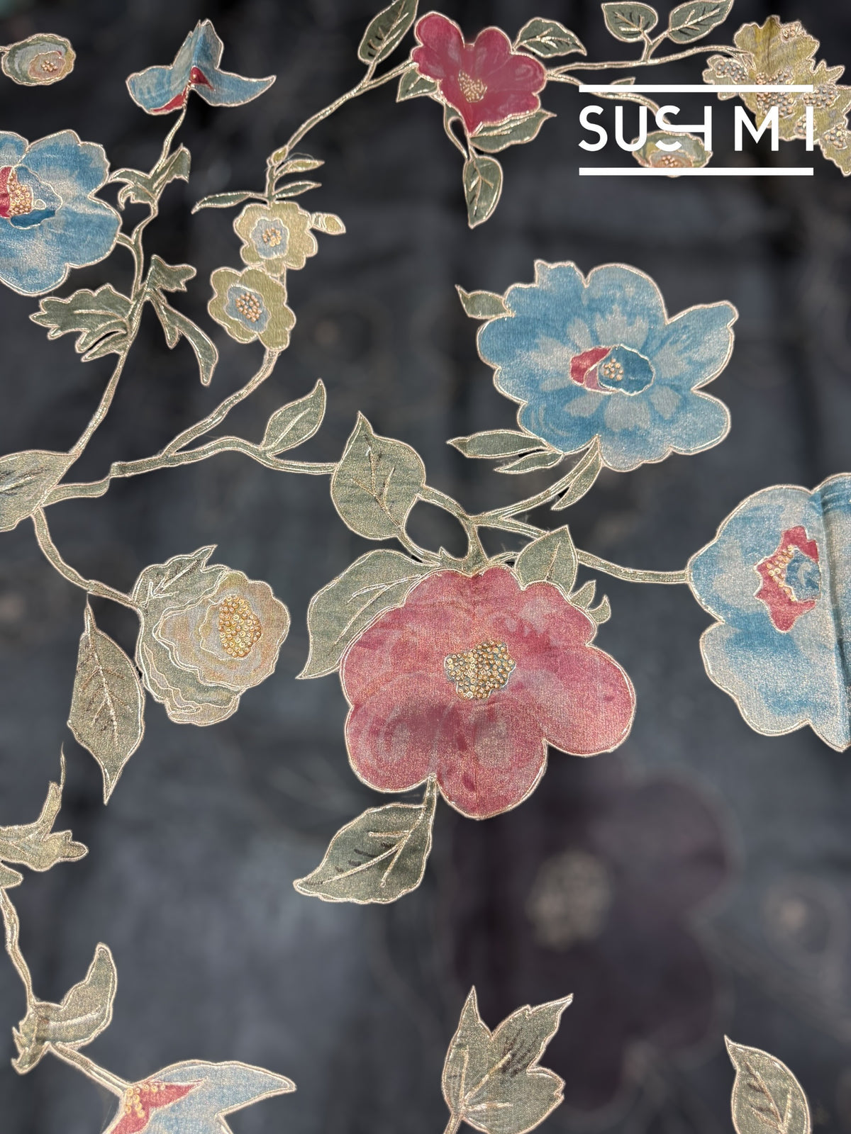 Black Designer Organza with Tissue applique work : S62F094