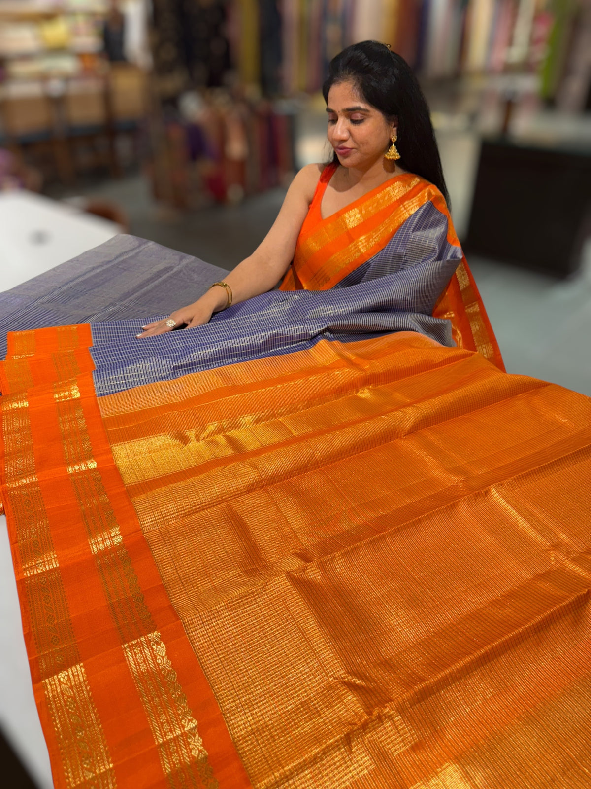 Blue & Orange Combo Vintage Checks Gap Border Kanjeevaram Saree