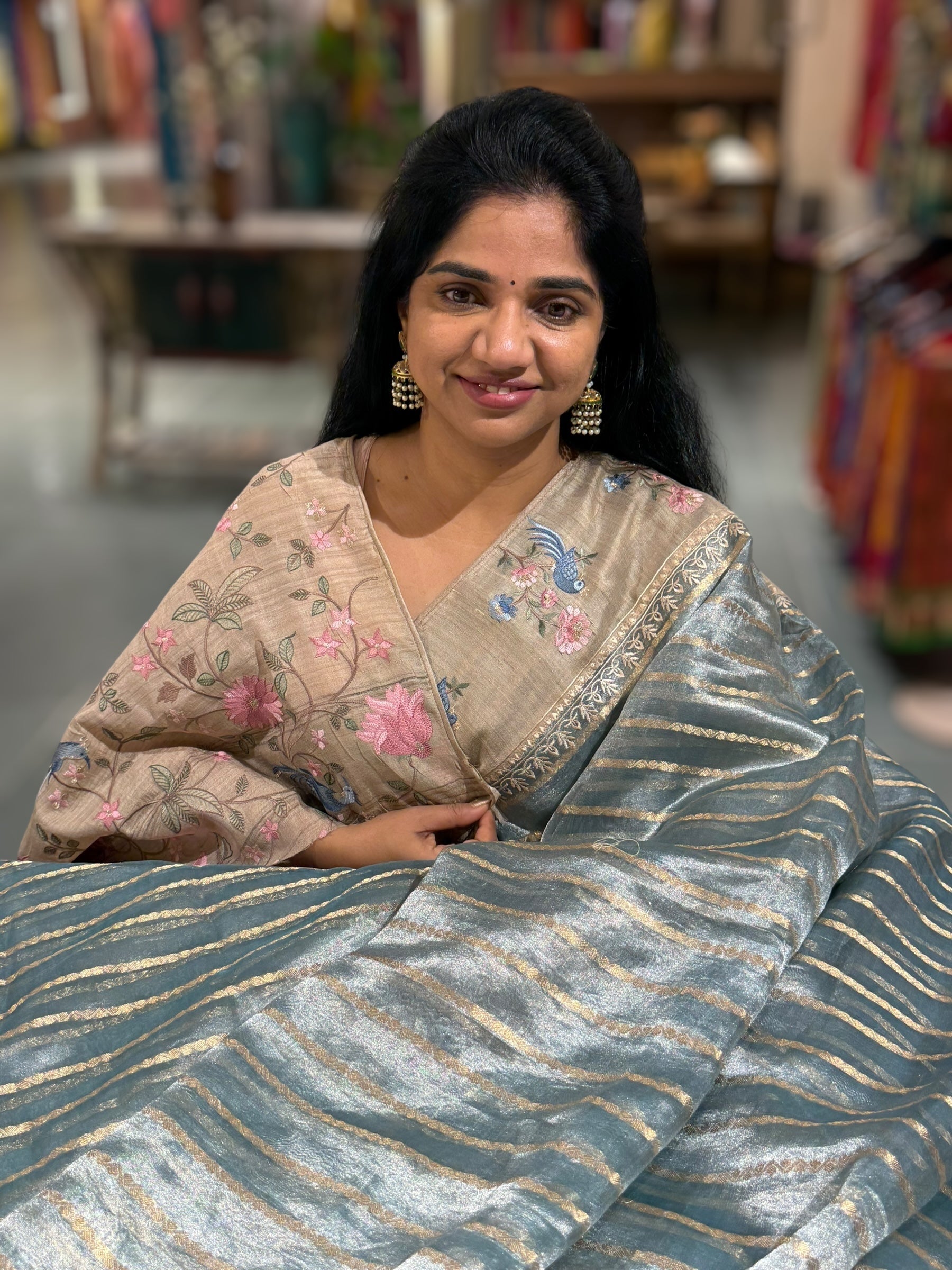 Dusty Blue Pure Handloom Tissue Saree with pure Tussar embroidered border